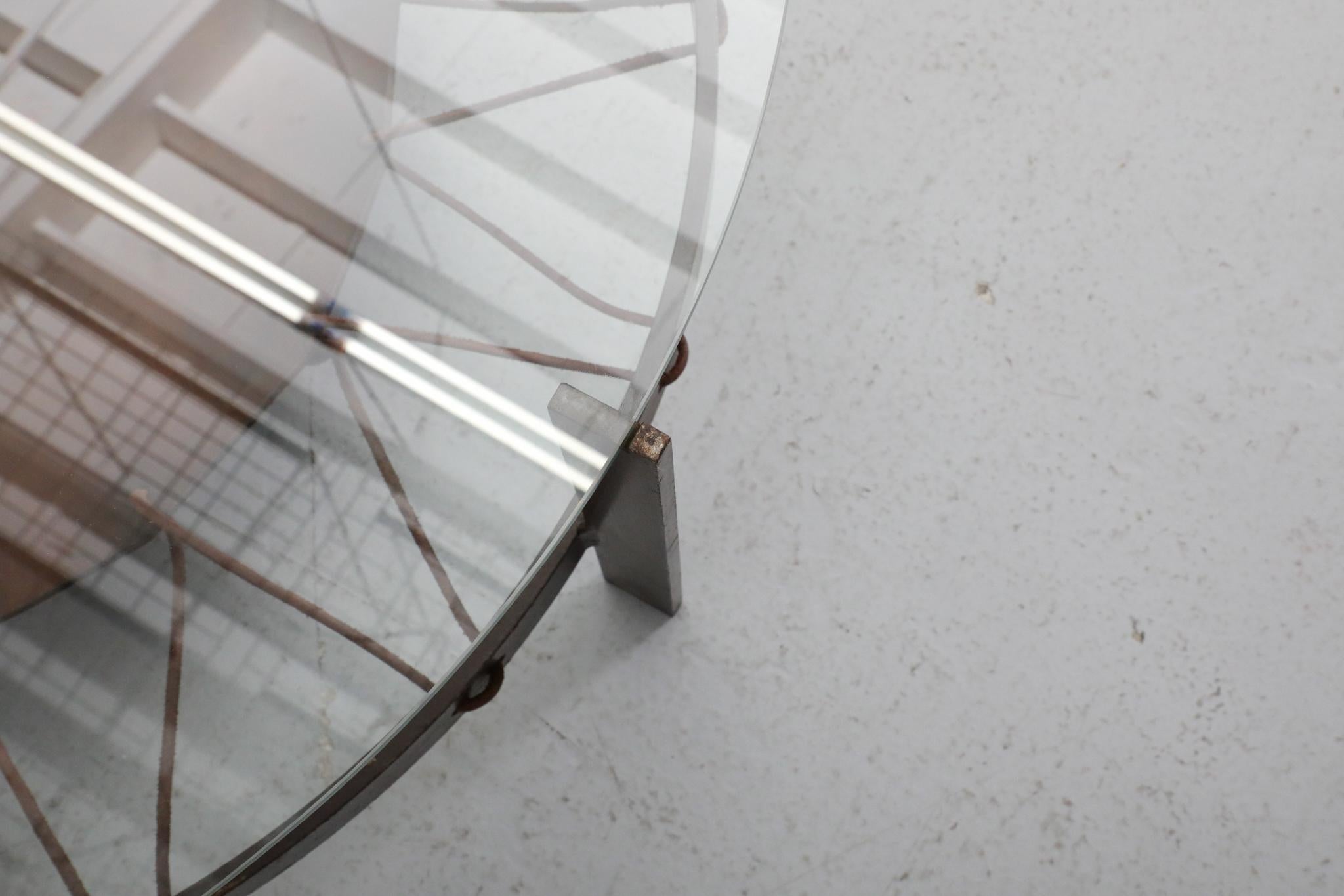 Modernist Round Glass Coffee Table with Leather Sling and Flat Metal Frame, 1970 For Sale 9