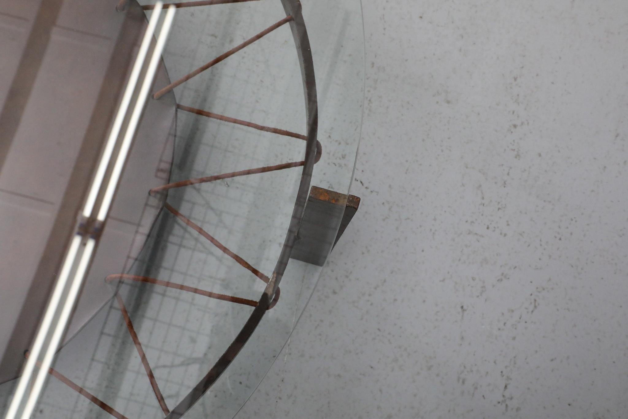 Modernist Round Glass Coffee Table with Leather Sling and Flat Metal Frame, 1970 For Sale 11