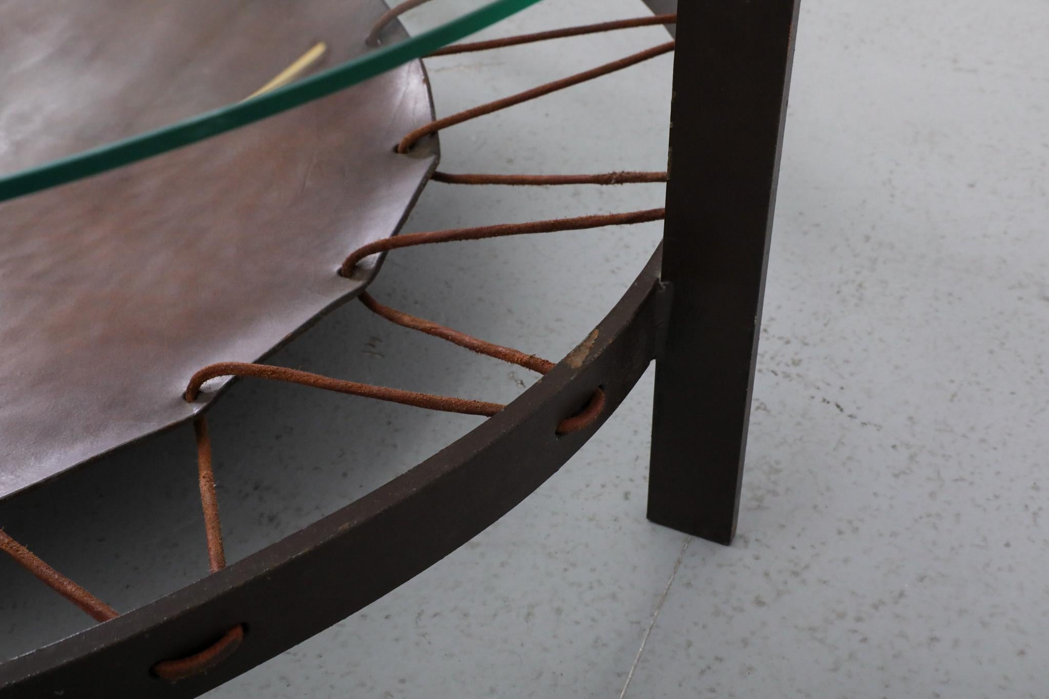Modernist Round Glass Coffee Table with Leather Sling and Flat Metal Frame, 1970 For Sale 12