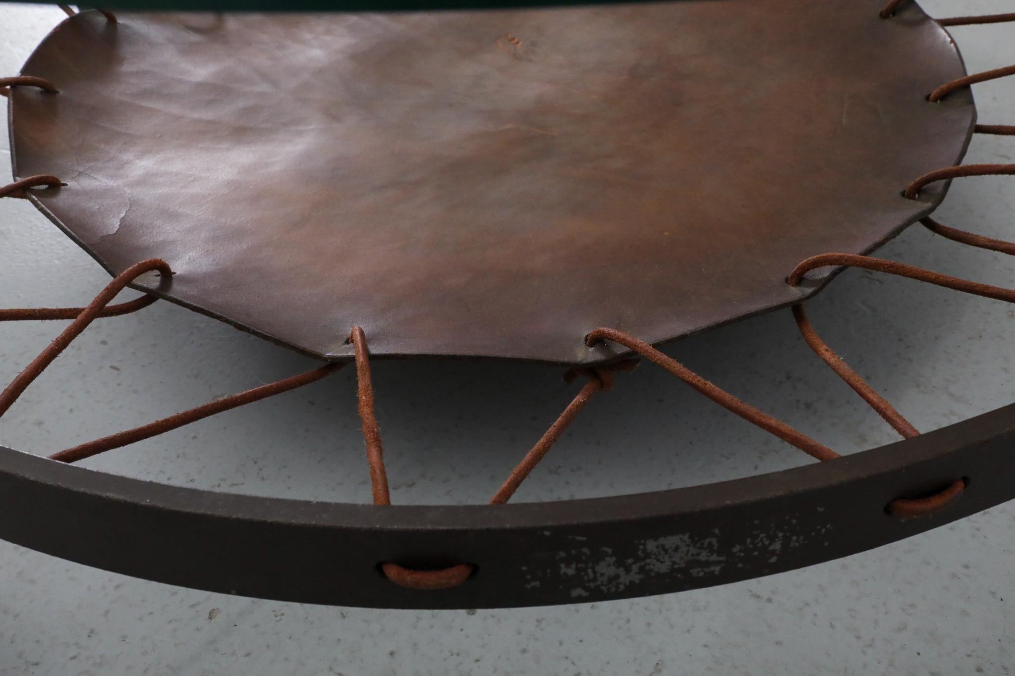 Modernist Round Glass Coffee Table with Leather Sling and Flat Metal Frame, 1970 For Sale 13