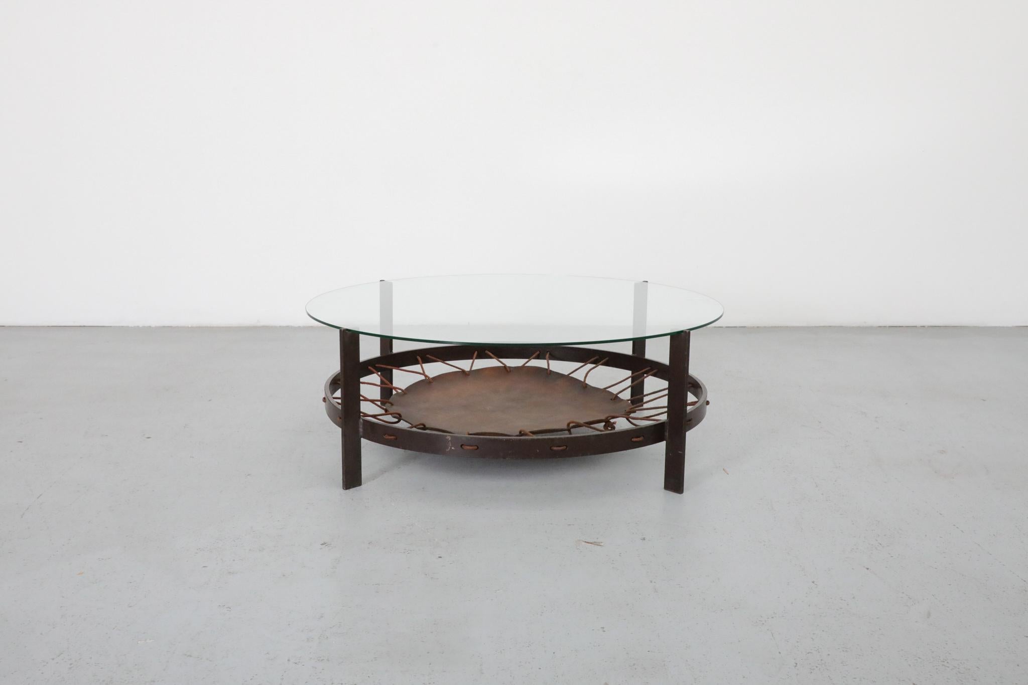 Dutch Modernist Round Glass Coffee Table with Leather Sling and Flat Metal Frame, 1970 For Sale
