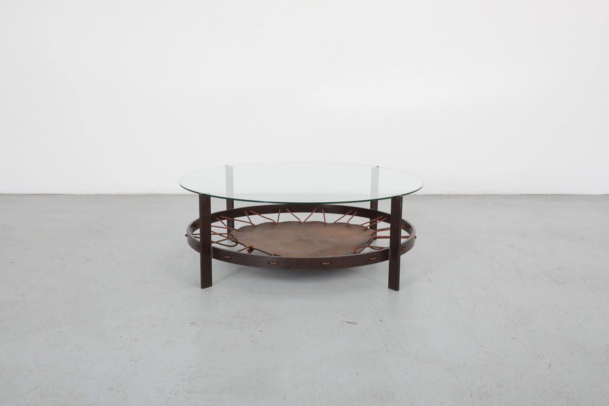 Enameled Modernist Round Glass Coffee Table with Leather Sling and Flat Metal Frame, 1970 For Sale