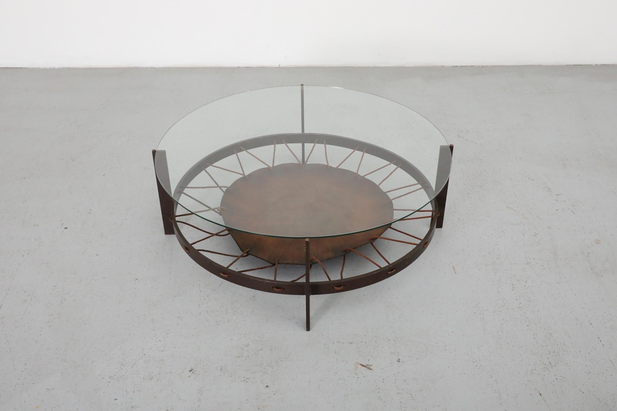 Late 20th Century Modernist Round Glass Coffee Table with Leather Sling and Flat Metal Frame, 1970 For Sale
