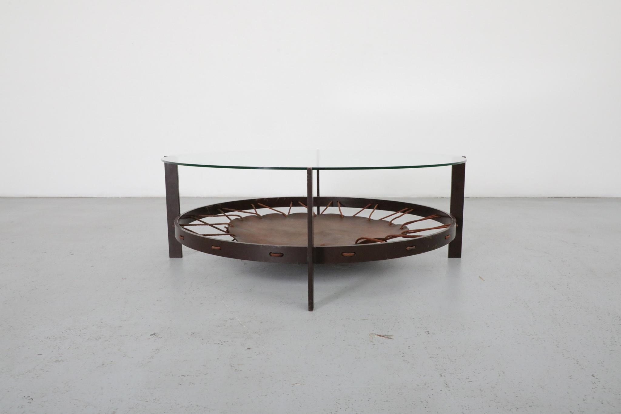 Modernist Round Glass Coffee Table with Leather Sling and Flat Metal Frame, 1970 For Sale 1