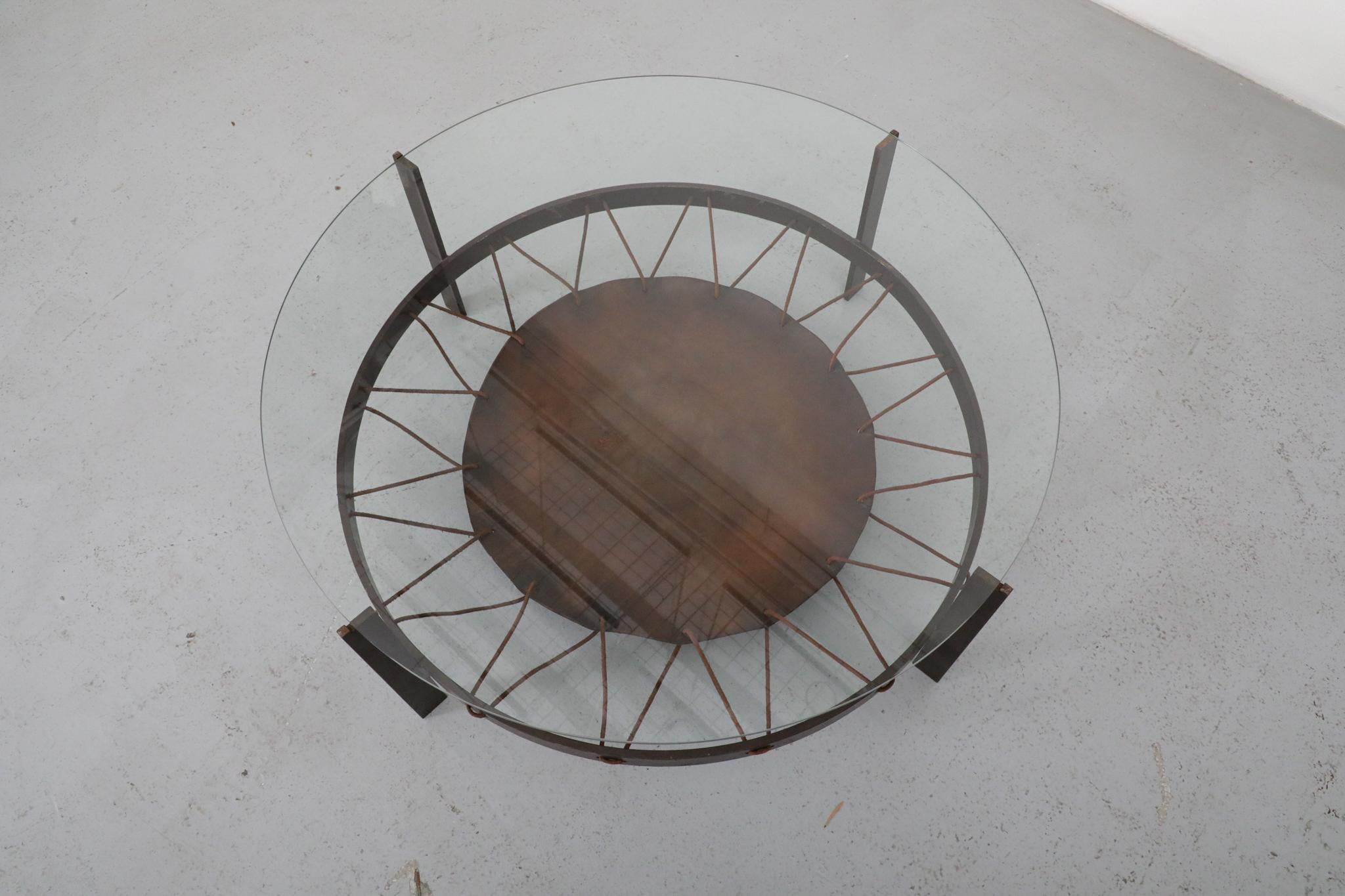 Modernist Round Glass Coffee Table with Leather Sling and Flat Metal Frame, 1970 For Sale 2