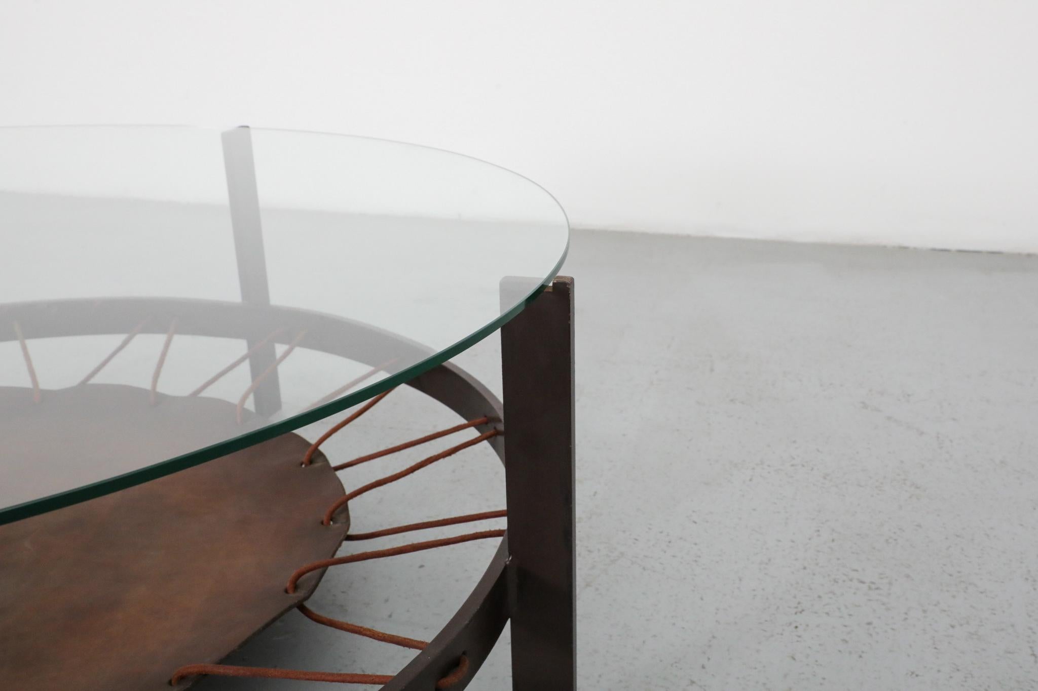 Modernist Round Glass Coffee Table with Leather Sling and Flat Metal Frame, 1970 For Sale 3
