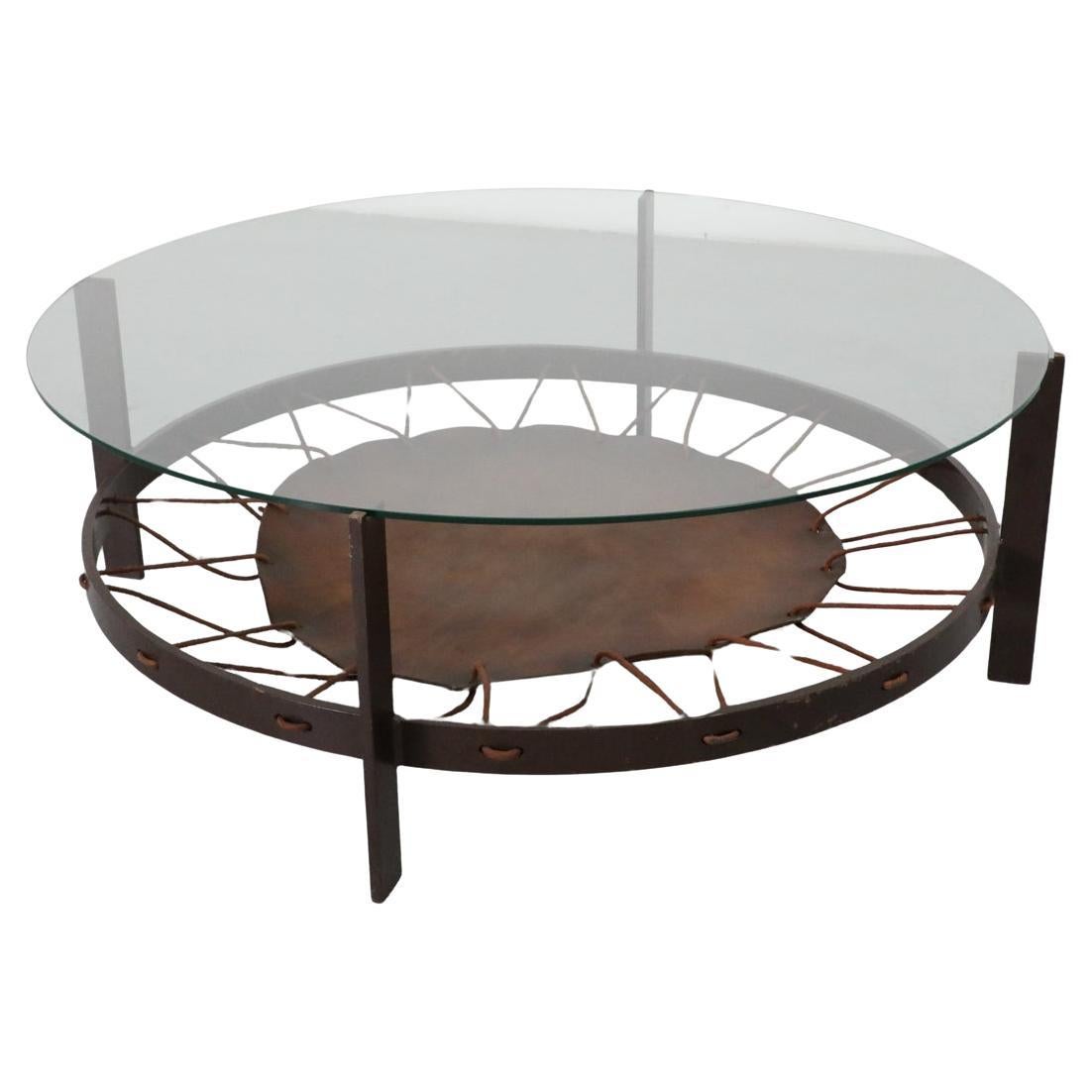 Modernist Round Glass Coffee Table with Leather Sling and Flat Metal Frame, 1970 For Sale