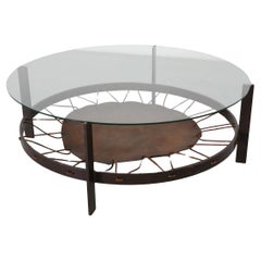 Modernist Round Glass Coffee Table with Leather Sling and Flat Metal Frame, 1970