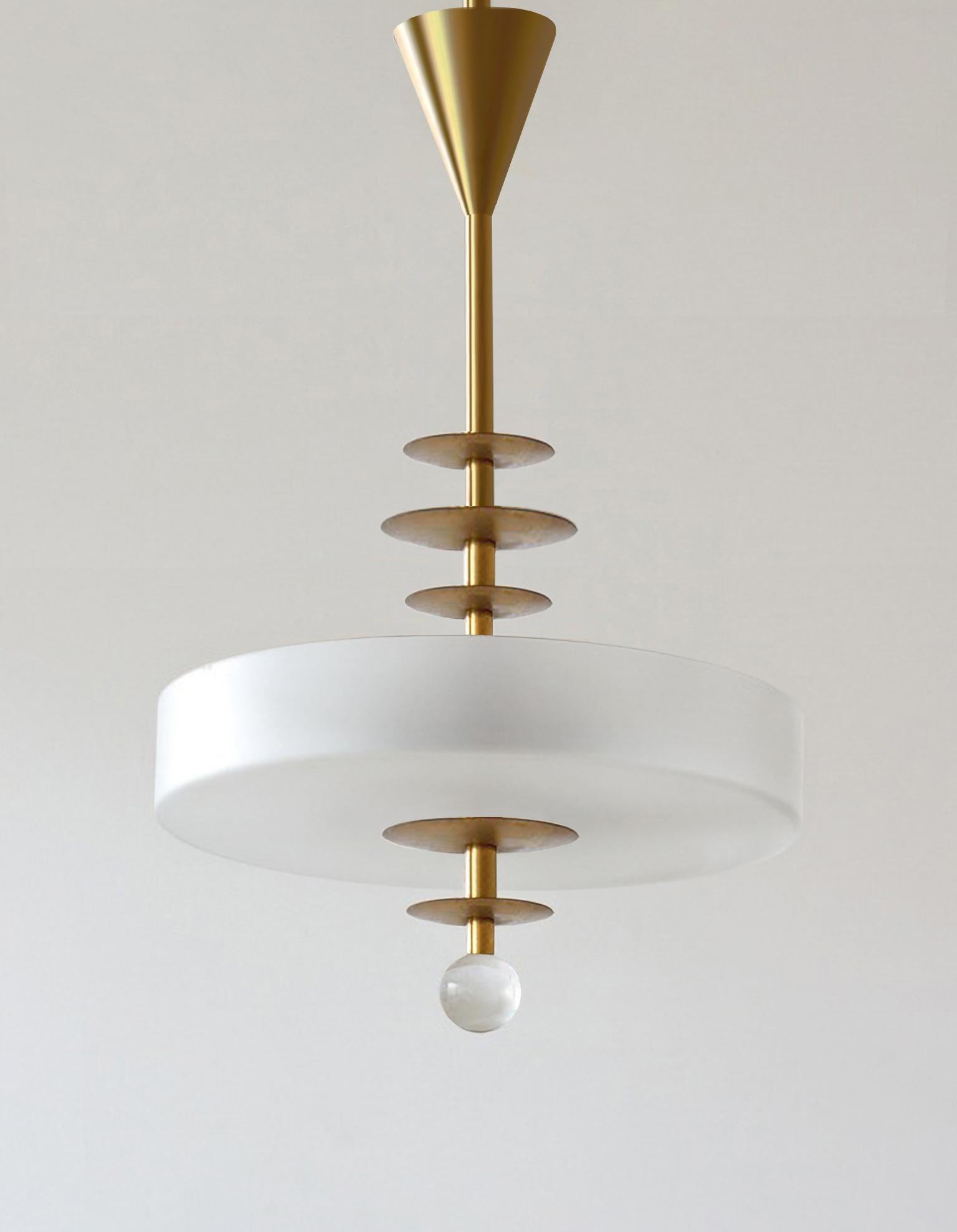 German Modernist Round Pendant Light, Brushed Brass and Opaline Glass, Customizable For Sale
