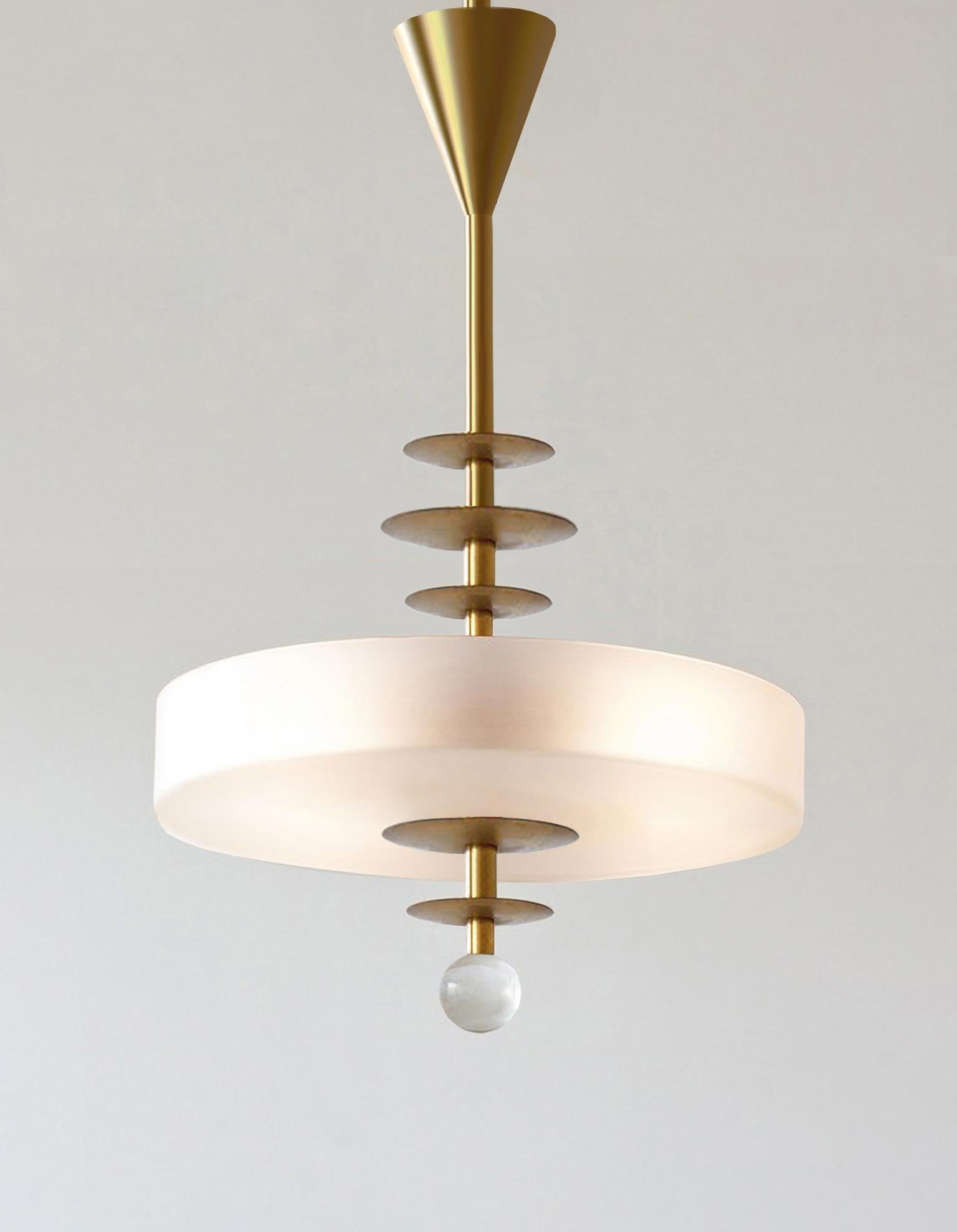 Modernist Round Pendant Light, Brushed Brass and Opaline Glass, Customizable In New Condition For Sale In Berlin, DE