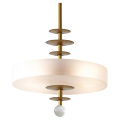 Modernist Round Pendant Light, Brushed Brass and Opaline Glass, Customizable