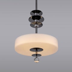 Modernist Round Pendant Light, Nickel Plated Brass, Opaline Glass, Customizable