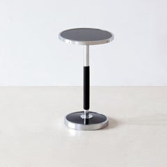 Modernist Round Side Table, Chrome-Plated Metal, Blackened Wood, Painted Glass