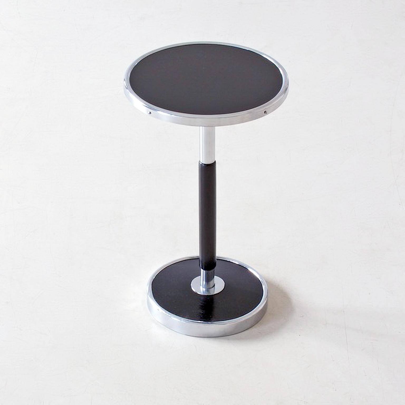 Art Deco Modernist Round Side Table, Chrome-Plated Metal, Blackened Wood, Painted Glass For Sale