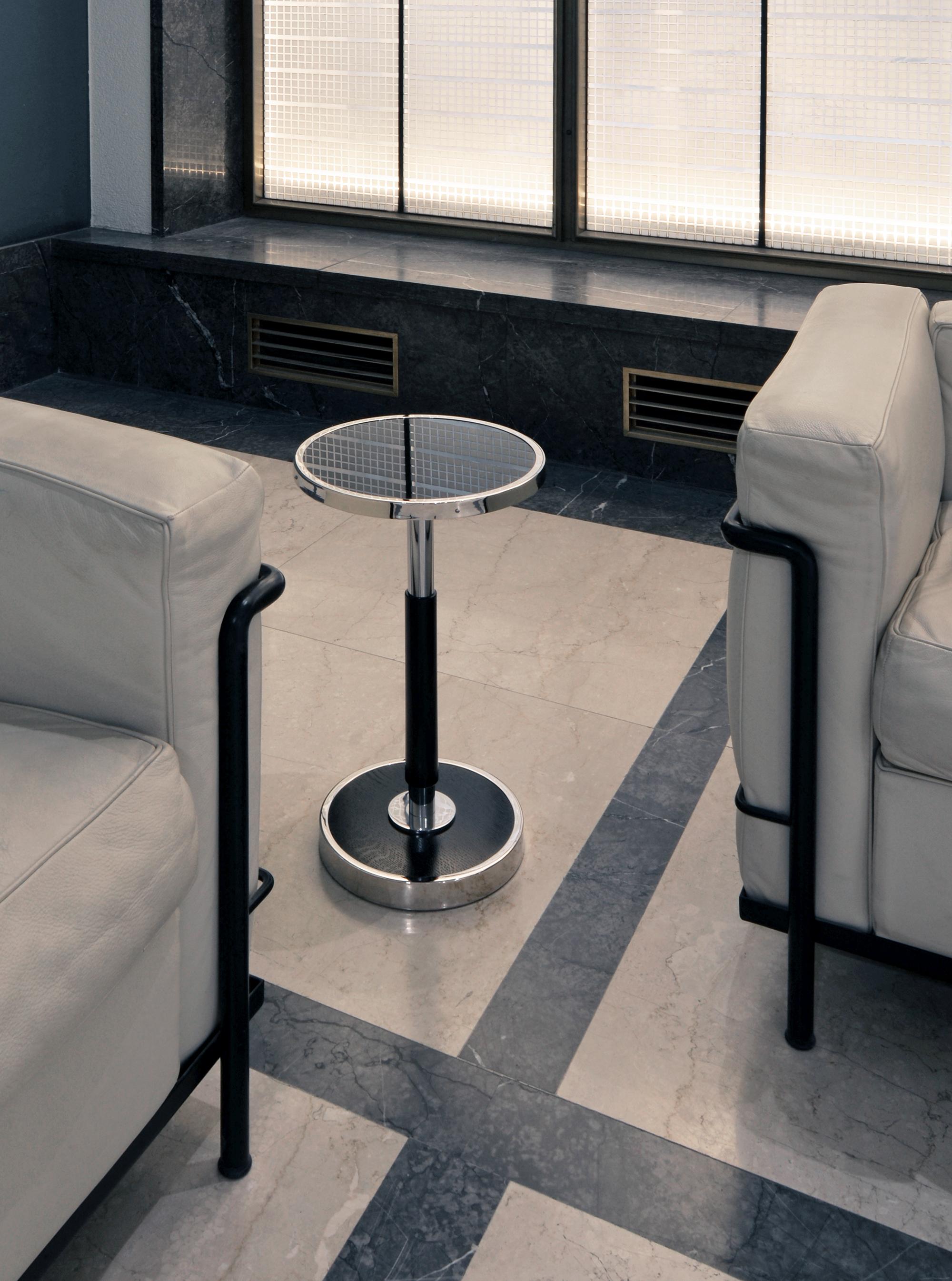 German Modernist Round Side Table, Chrome-Plated Metal, Blackened Wood, Painted Glass For Sale