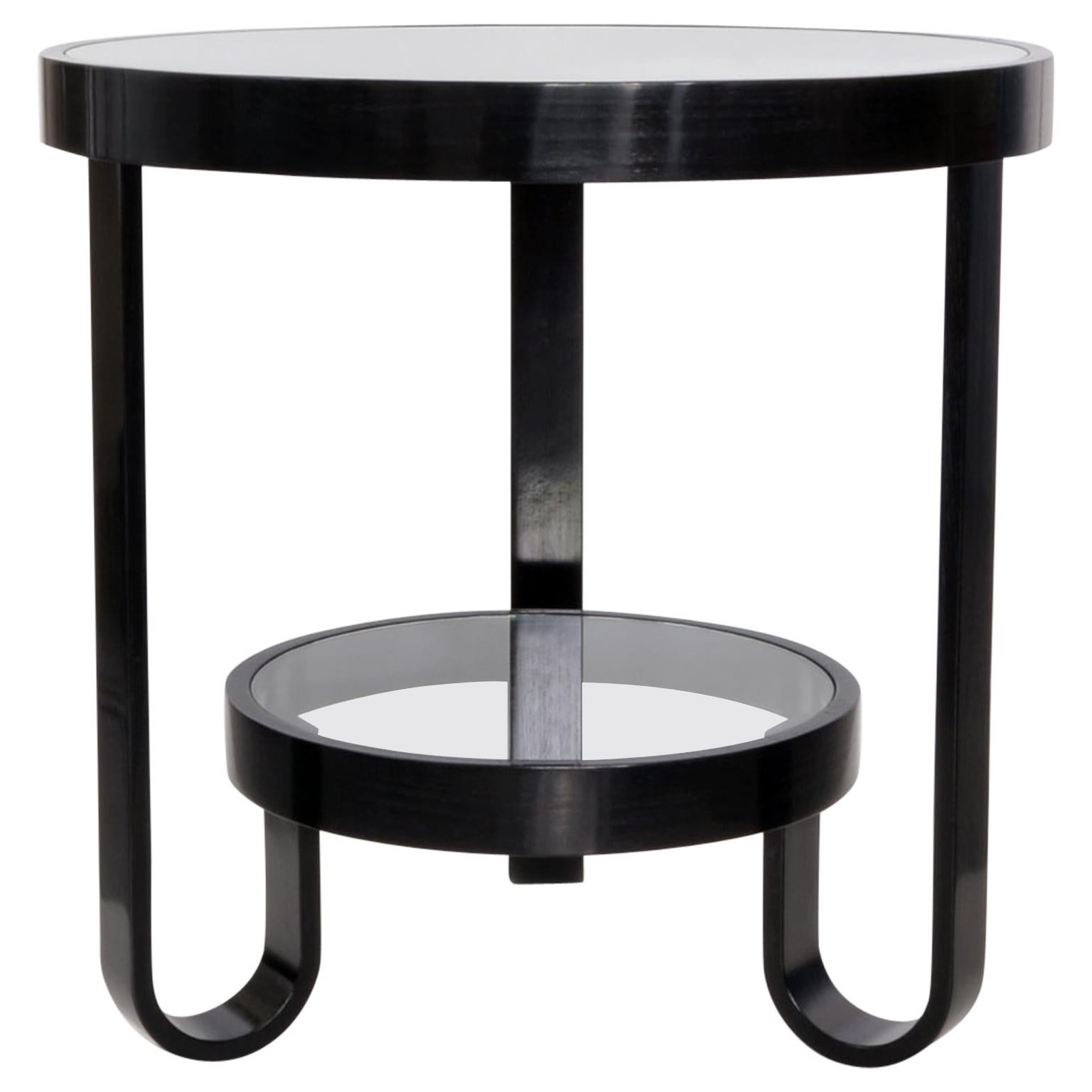 Canapé/table d'appoint rond moderniste, bois stratifié et ébénisé, plateaux en verre