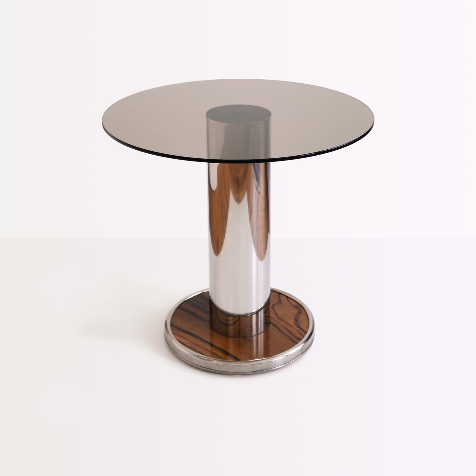 Moderne Canapé/table basse rond moderniste, base en acier inoxydable poli et plateau en verre en vente