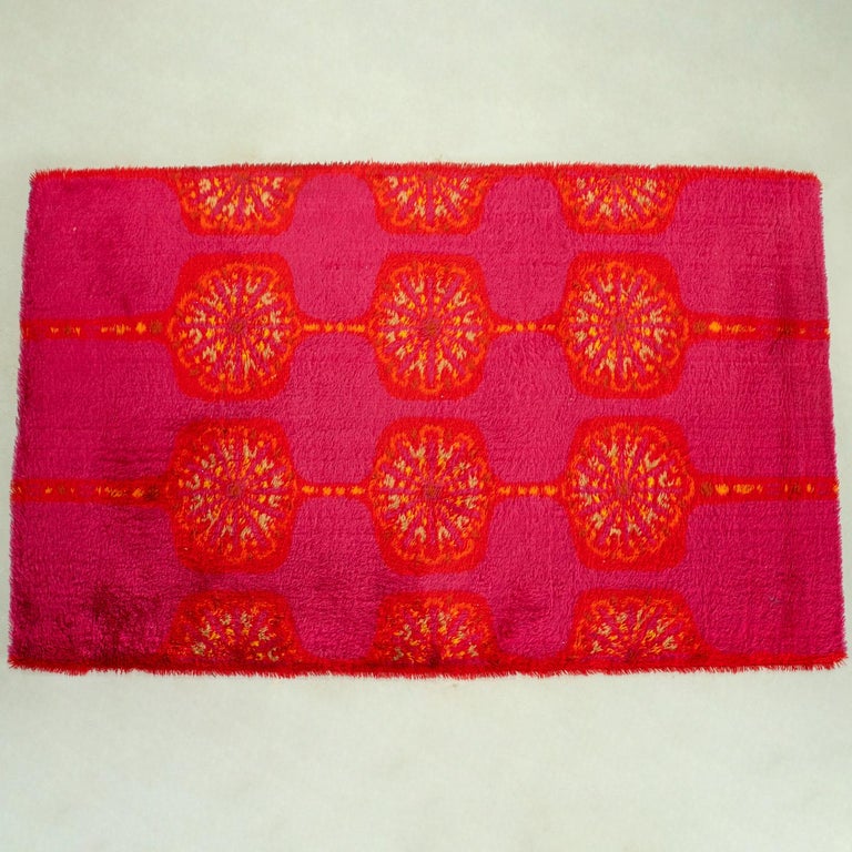 Modernist Rya Shag Carpet, Stylized Red and Orange Florals on a Fuchsia ...