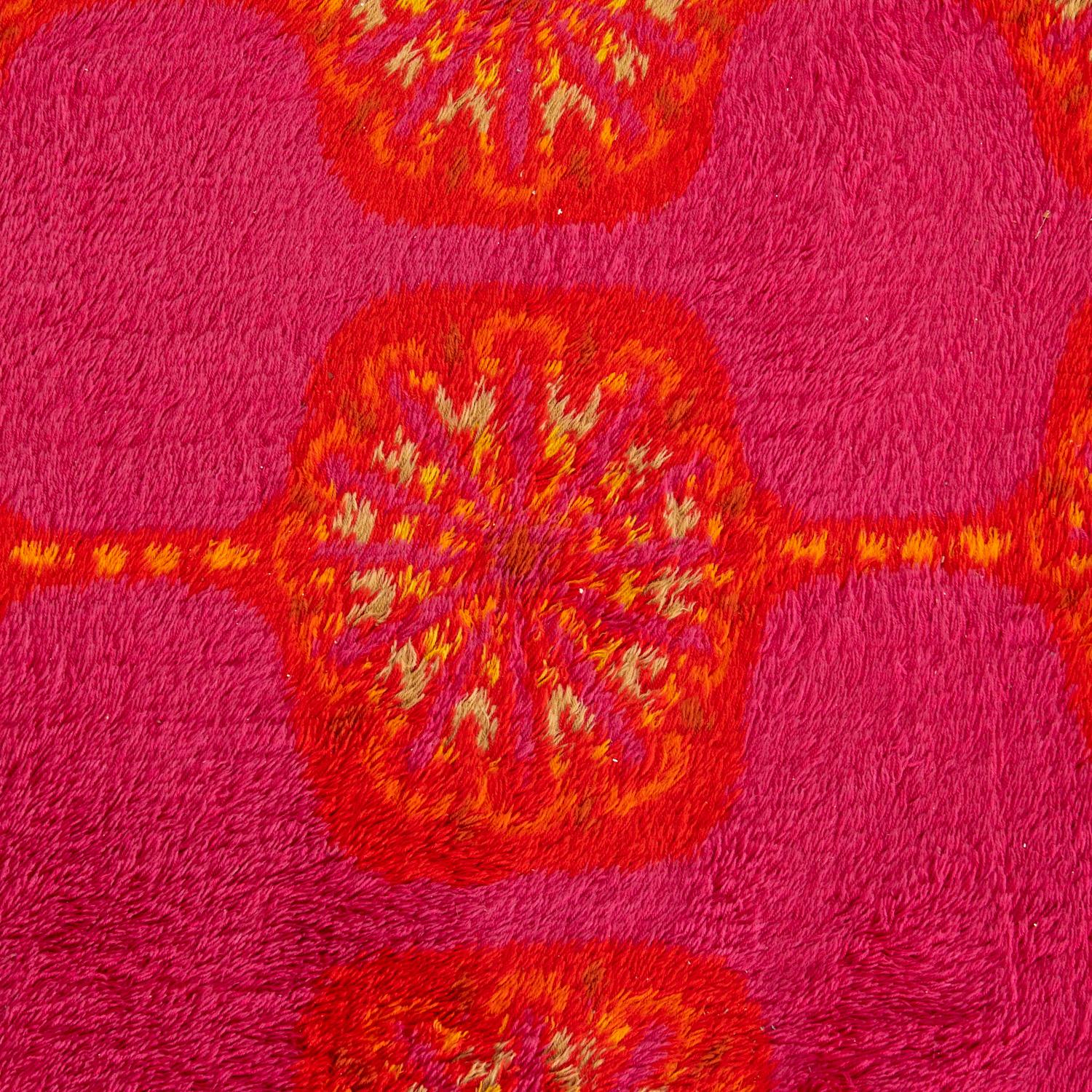 Scandinavian Modern Modernist Rya Shag Carpet, Stylized Red and Orange Florals on a Fuchsia Ground For Sale