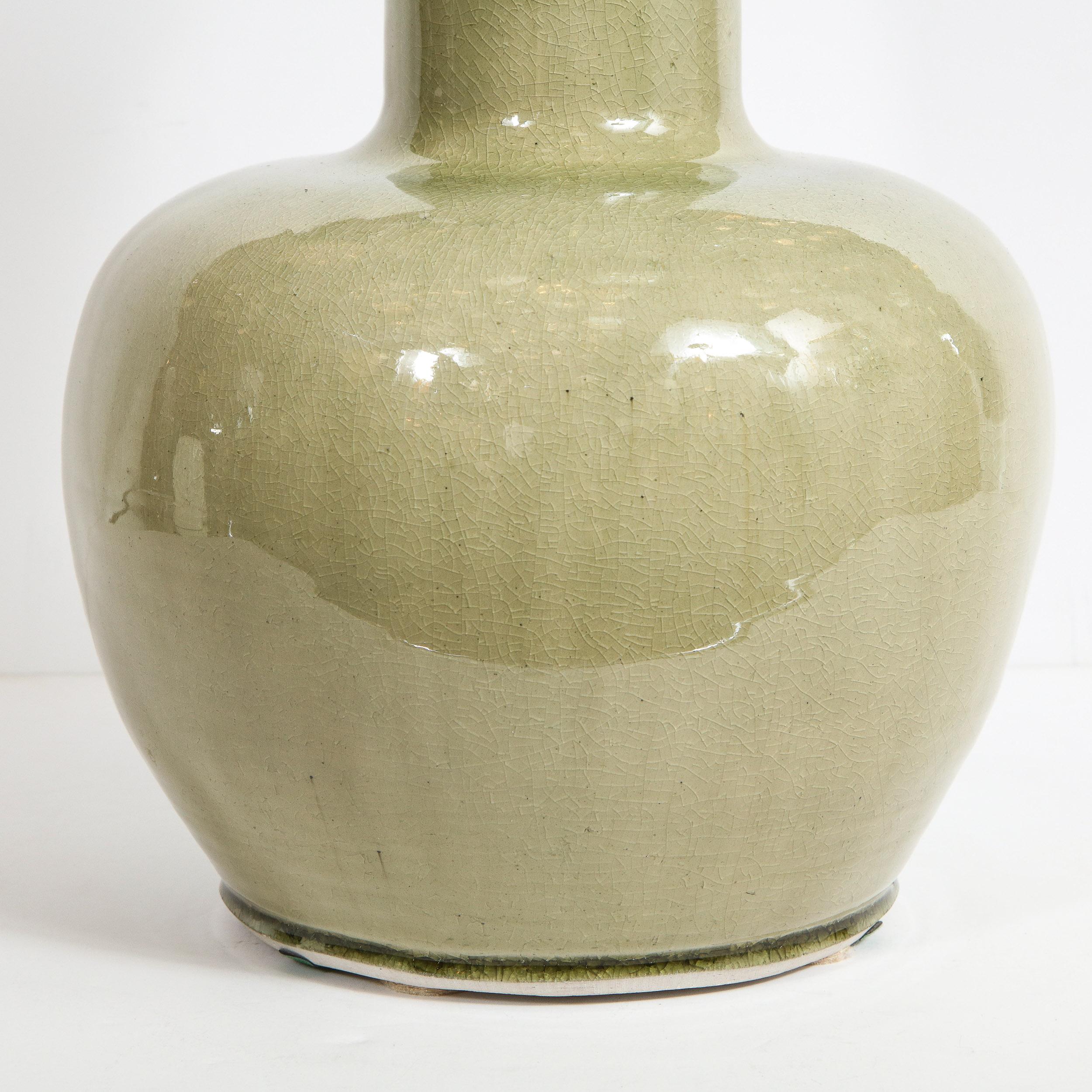 Chinese Modernist Sage Green Craqueleur Glazed Ceramic Vase