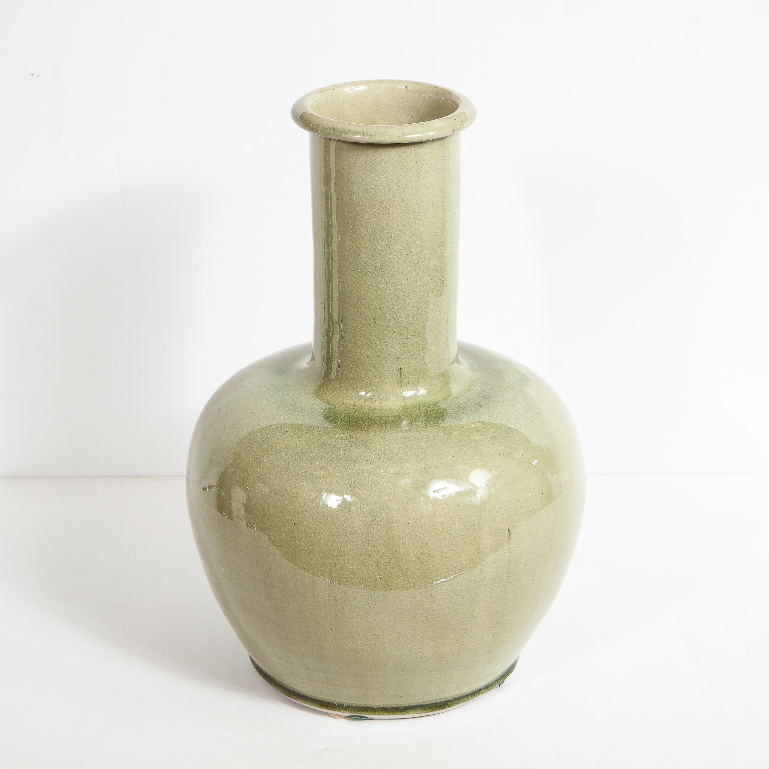 Modernist Sage Green Craqueleur Glazed Ceramic Vase In Excellent Condition In New York, NY