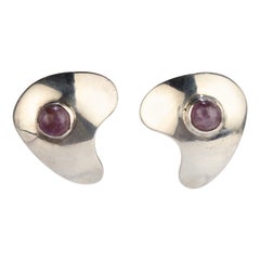 Retro Modernist Sam Kramer Sterling Silver and Amethyst Clip-On Earrings