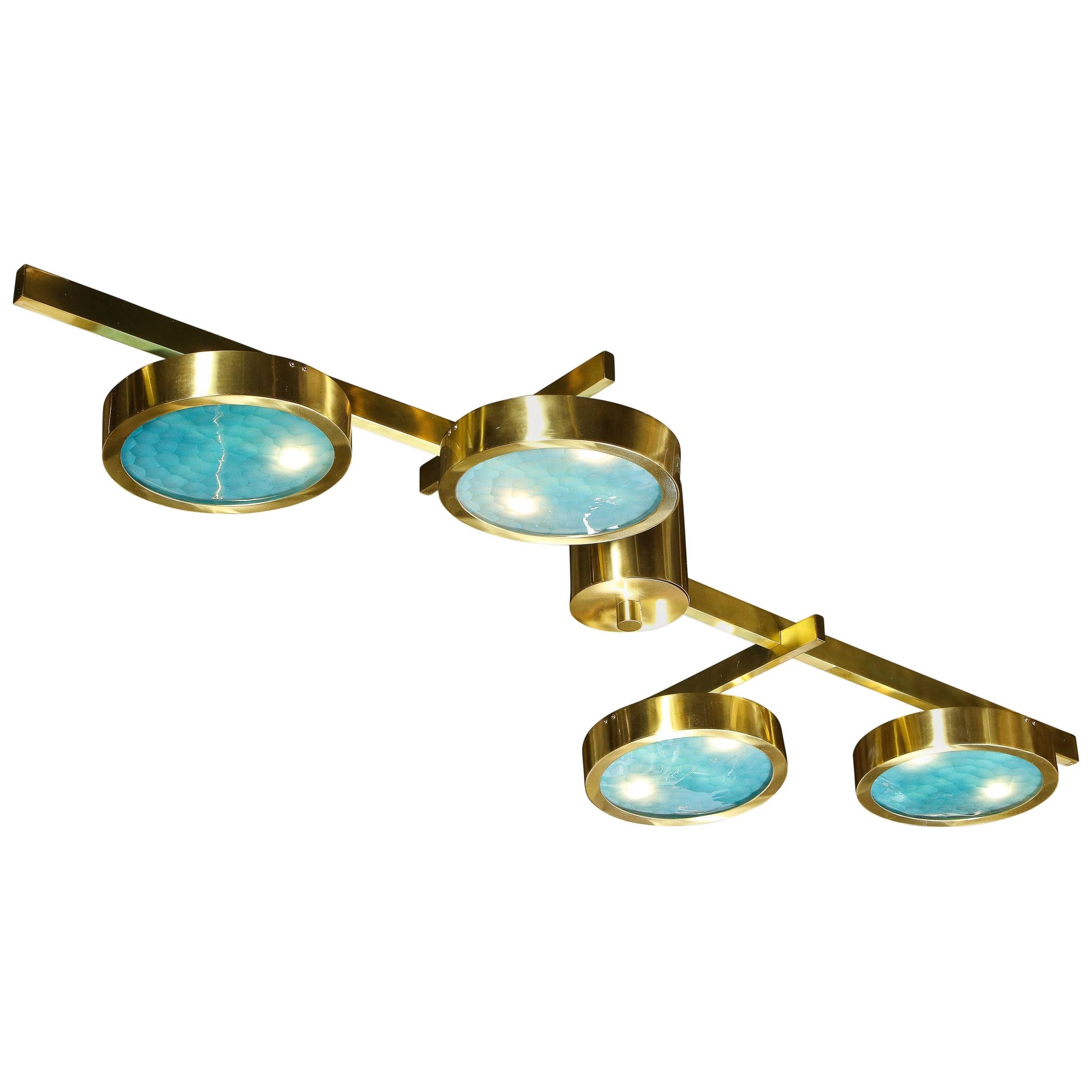 Modernist Satin Brass and Hand Blown Frosted Murano Acqua Glass Chandelier For Sale