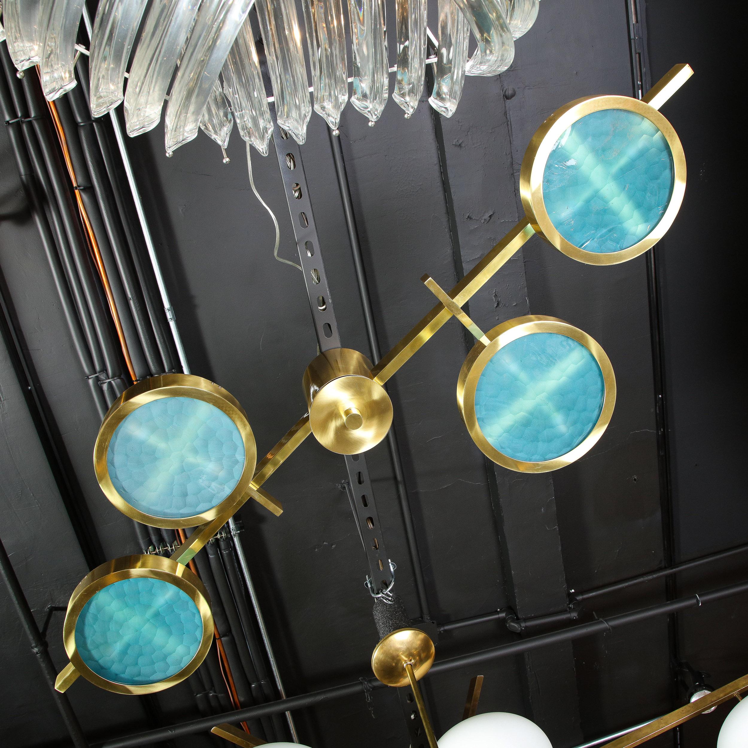 Modernist Satin Brass and Hand Blown Frosted Murano Acqua Glass Chandelier For Sale 5