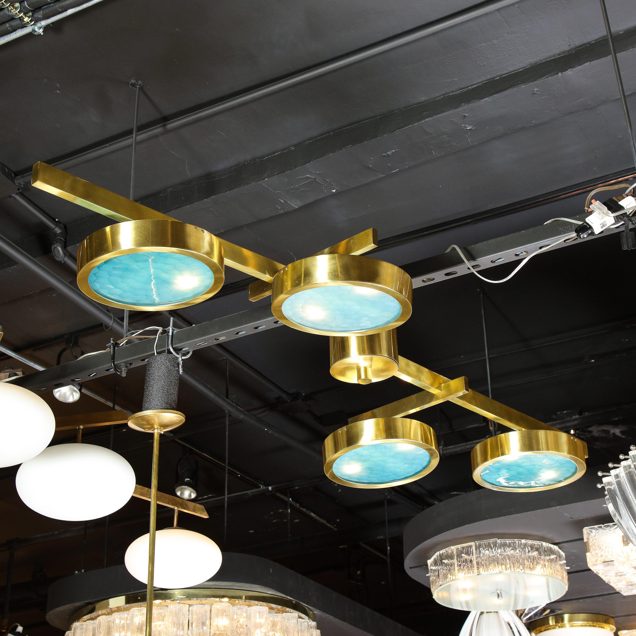 Lustre moderniste en laiton satiné et verre d'acqua de Murano soufflé à la main et dépoli en vente 5