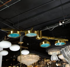 Modernist Satin Brass and Hand Blown Frosted Murano Acqua Glass Chandelier