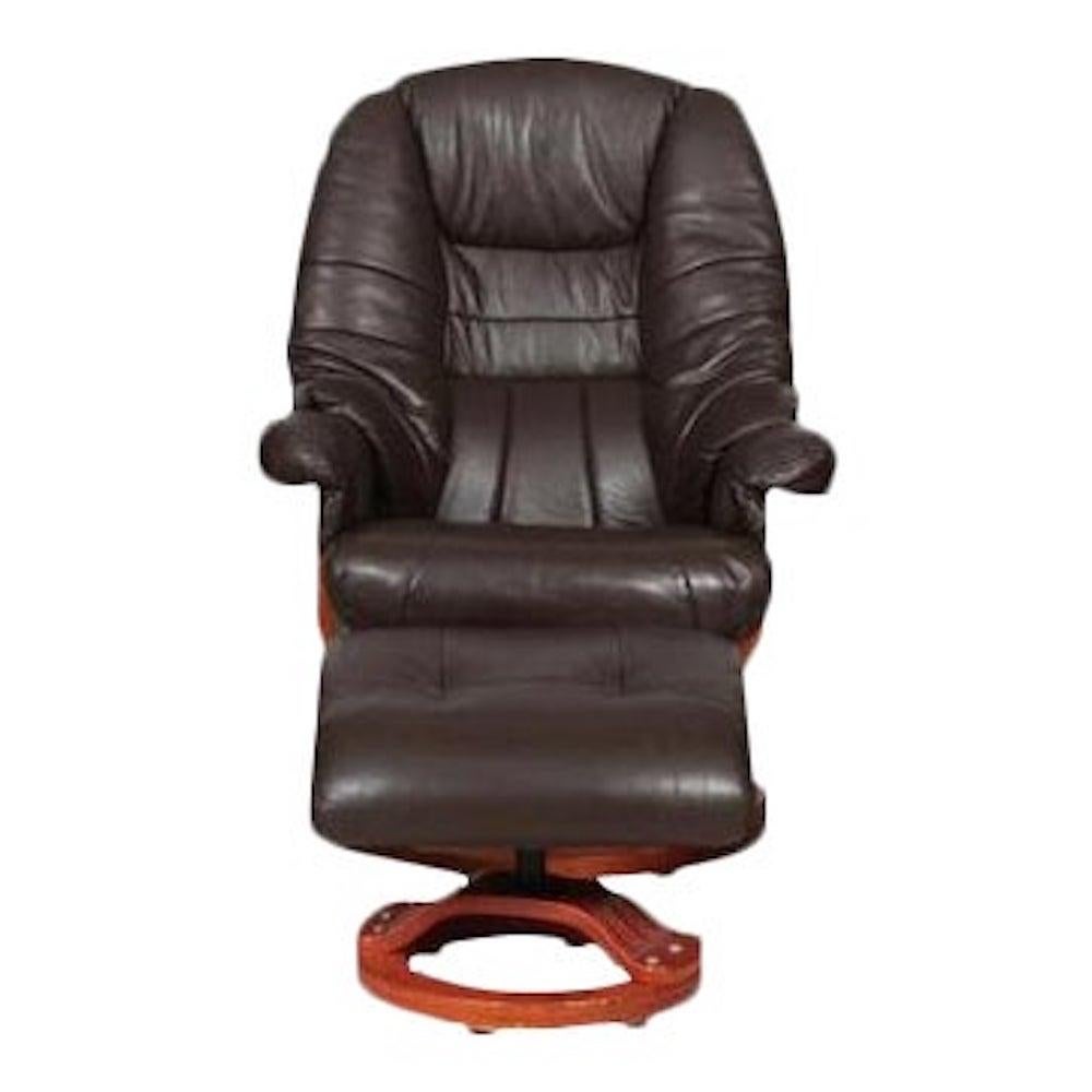 Scandinavian leather swivel chair with ottoman dark brown color leather sold together or separately. Adjustable height.