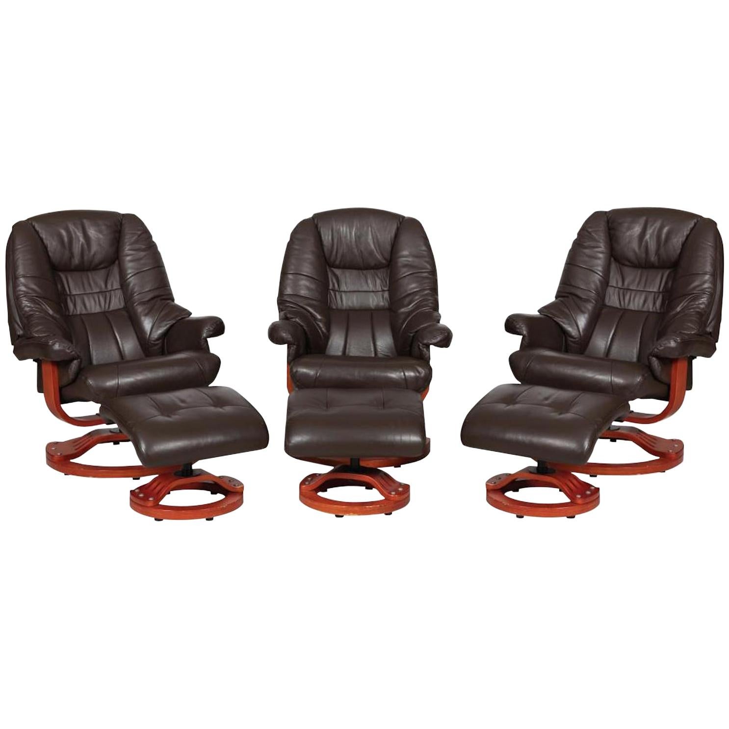 Modernist Scandinavian Leather Swivel Chair with Ottoman