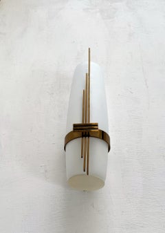 Modernist Sconce Attr Maison Arlus in Brass and Opaline Glass, France, 1950s