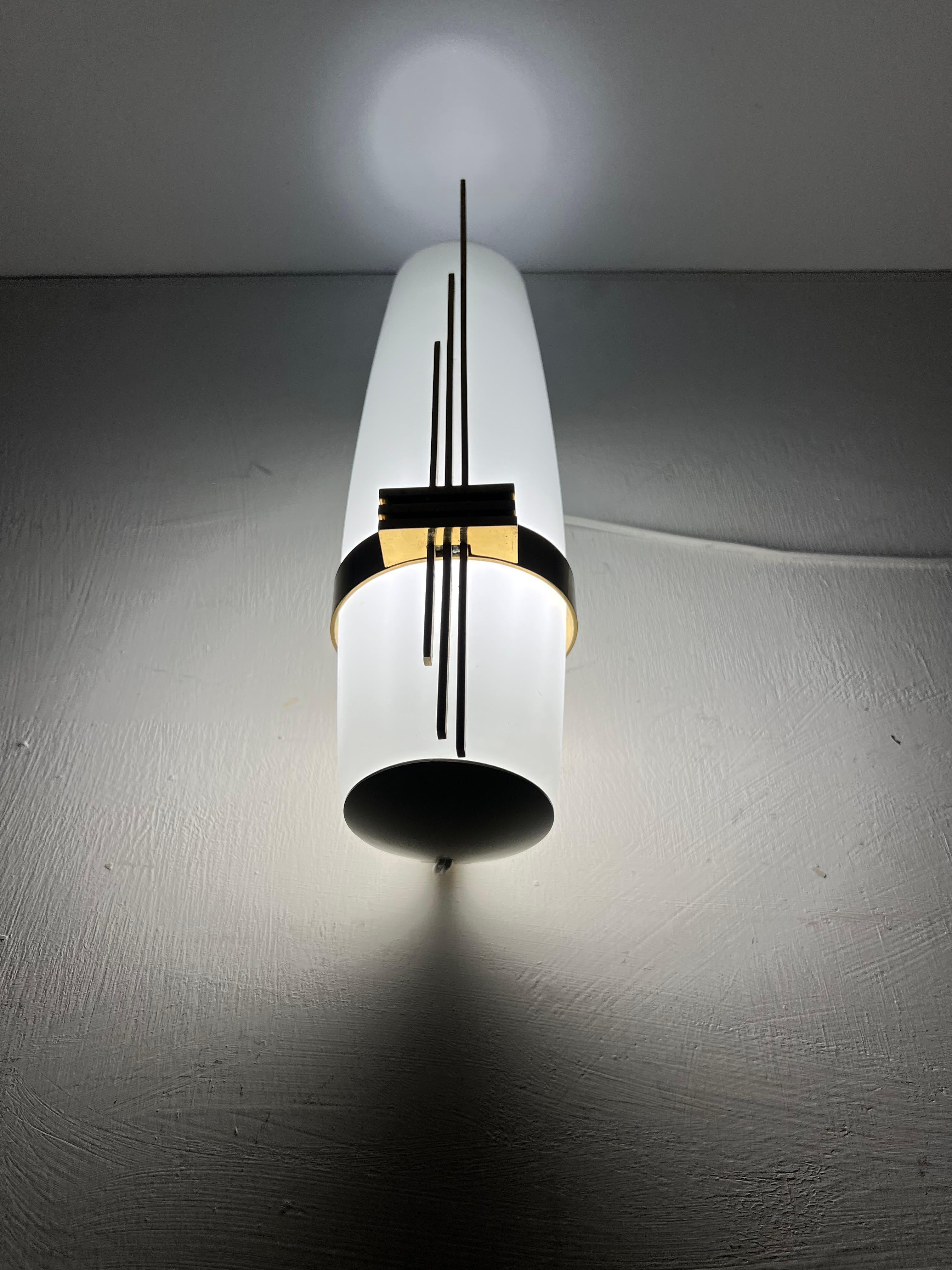 Mid-Century Modern Modernist Sconce Attr Maison Arlus in Brass and Opaline Glass, France, 1950s For Sale