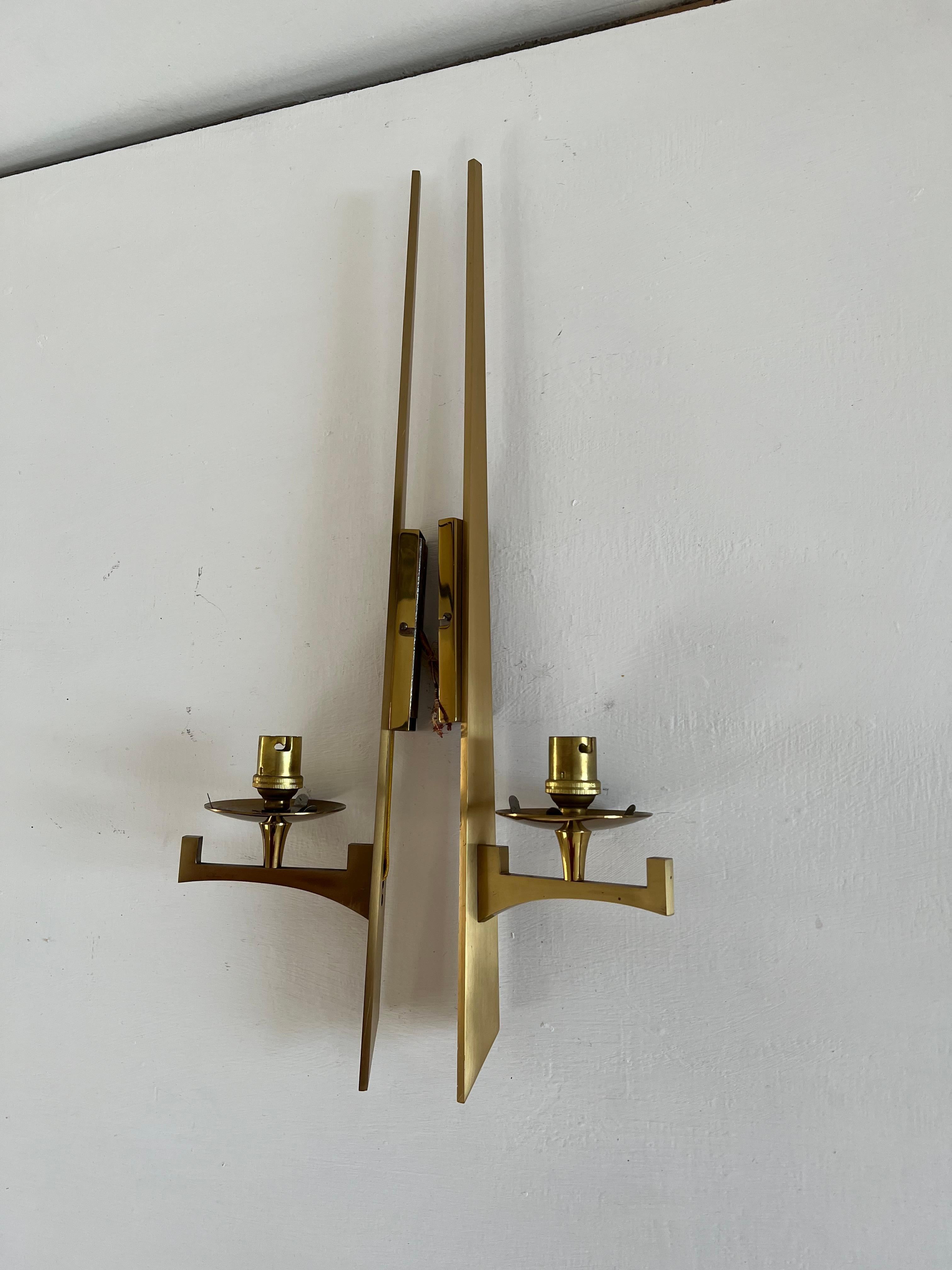 Mid-Century Modern Modernist Sconces Attr to Maison Arlus in Brass and Opaline Glass, France, 1950s