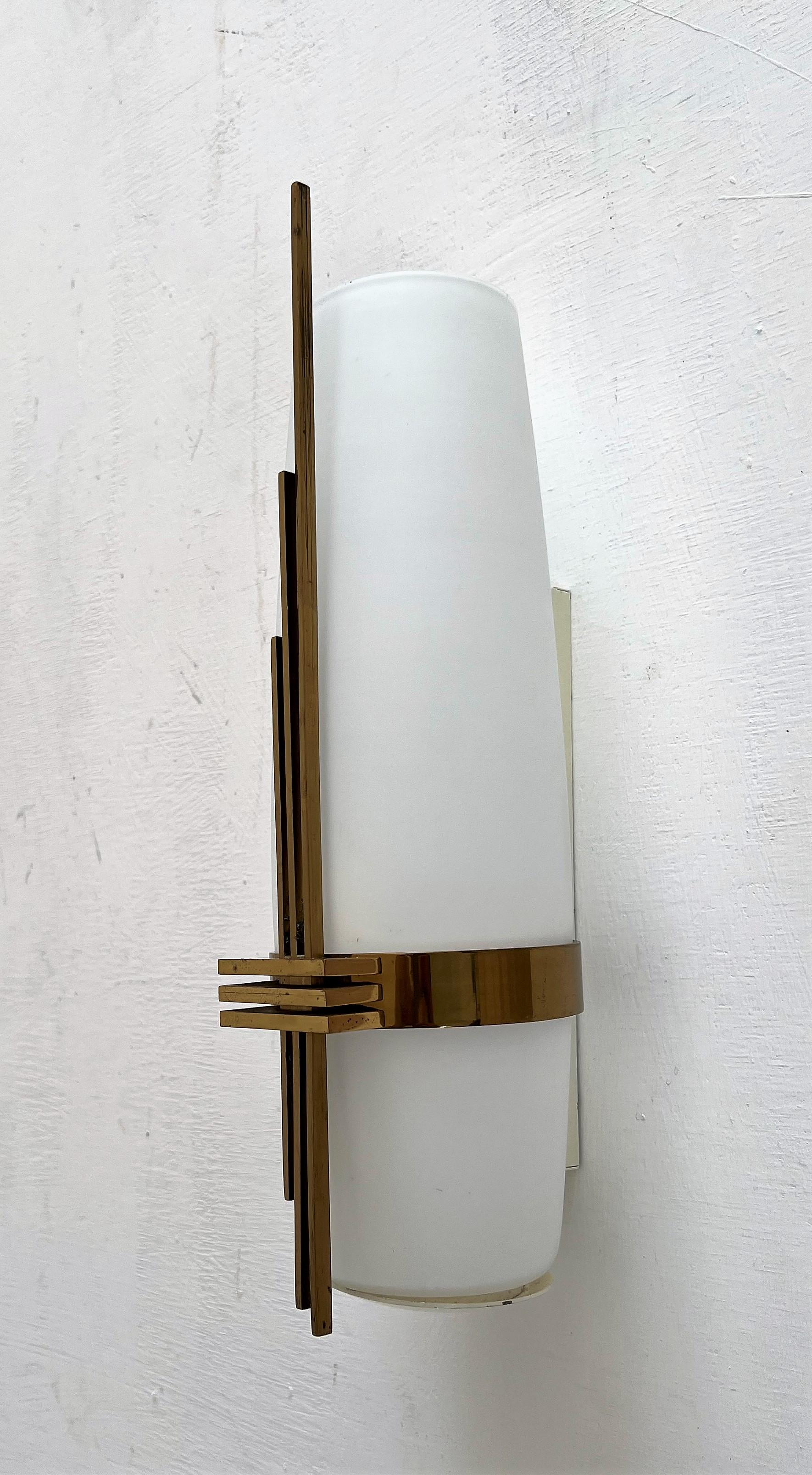 French Modernist Sconce Attr Maison Arlus in Brass and Opaline Glass, France, 1950s For Sale