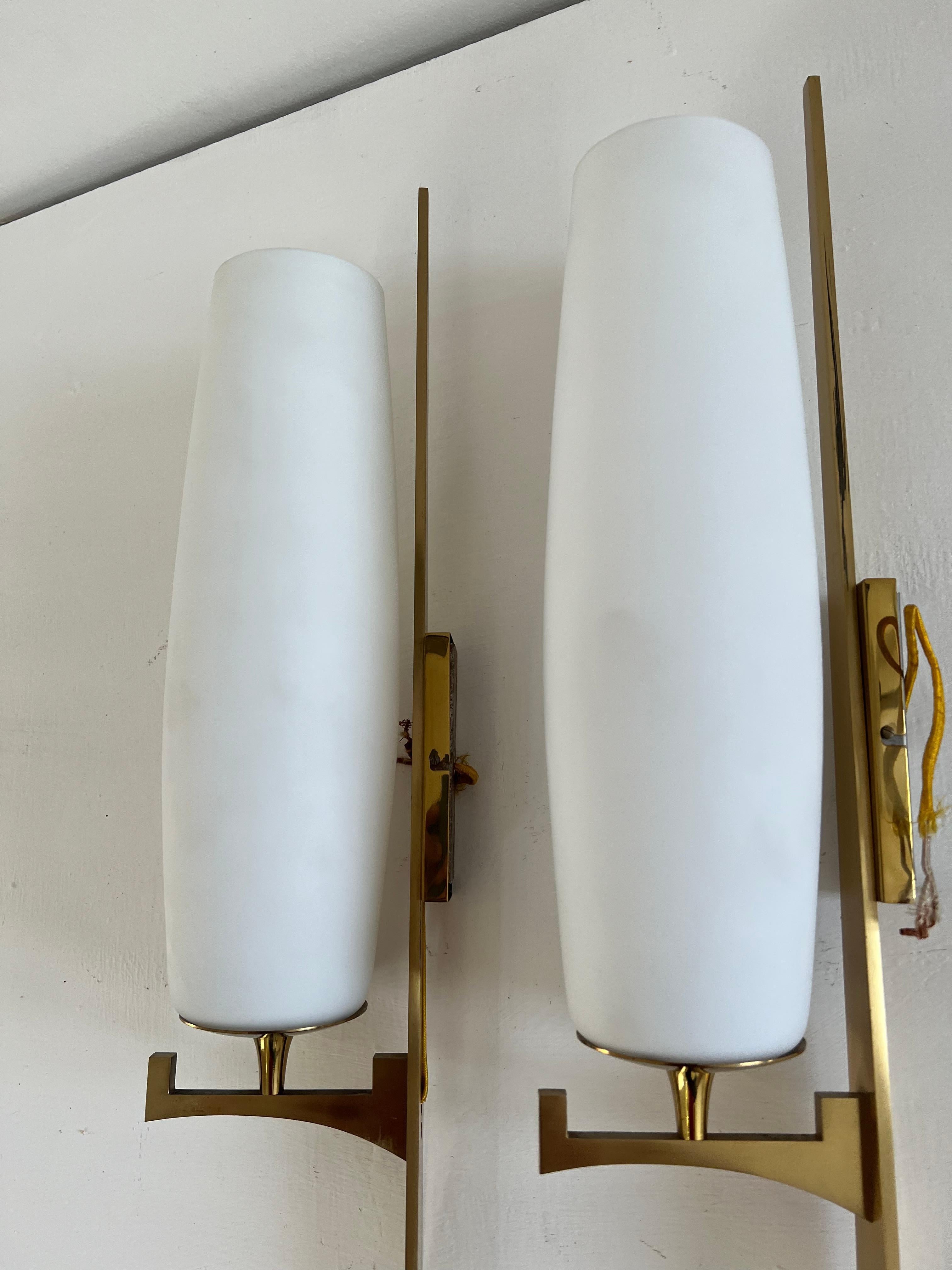 French Modernist Sconces Attr to Maison Arlus in Brass and Opaline Glass, France, 1950s