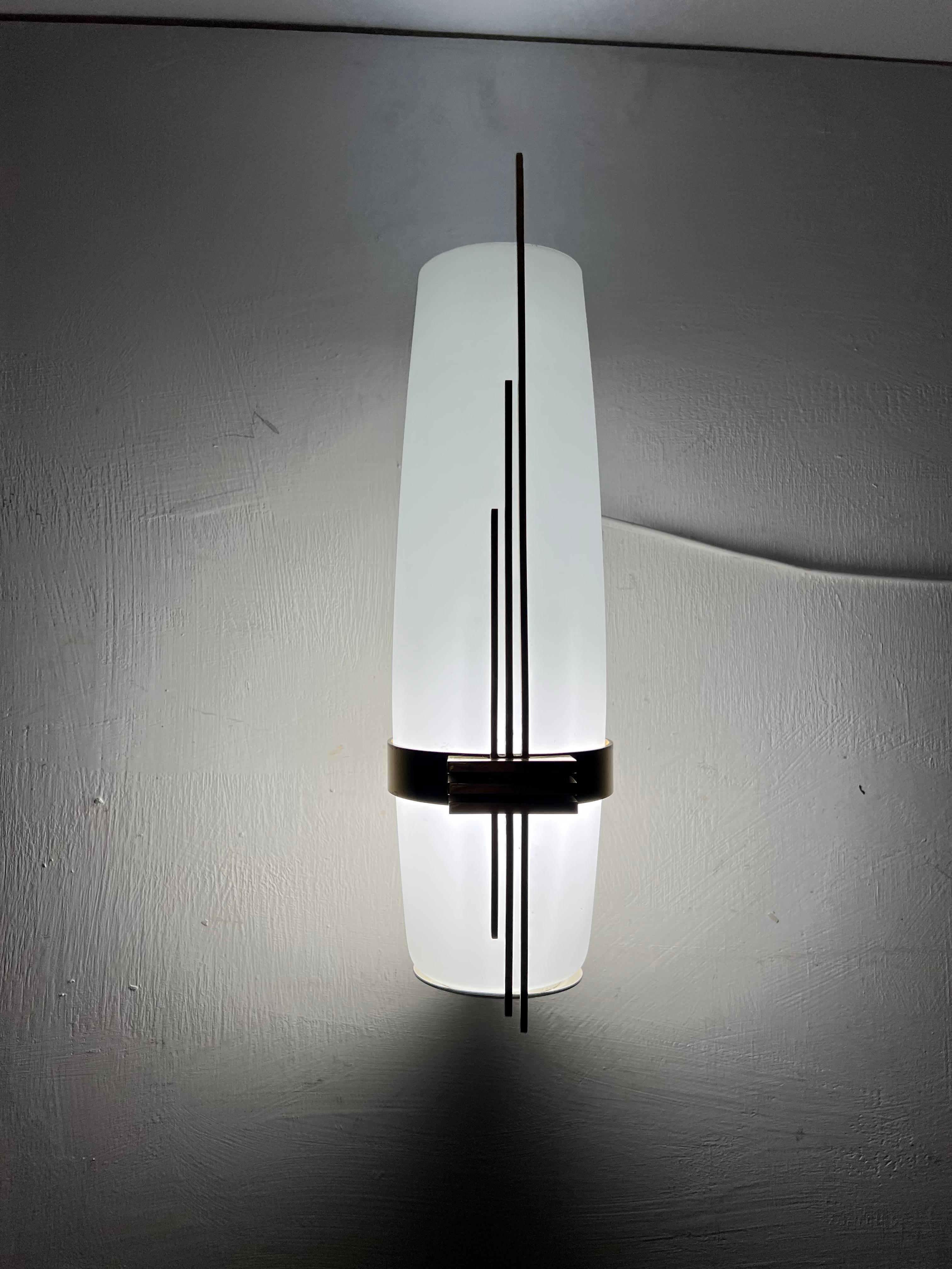 Polished Modernist Sconce Attr Maison Arlus in Brass and Opaline Glass, France, 1950s For Sale