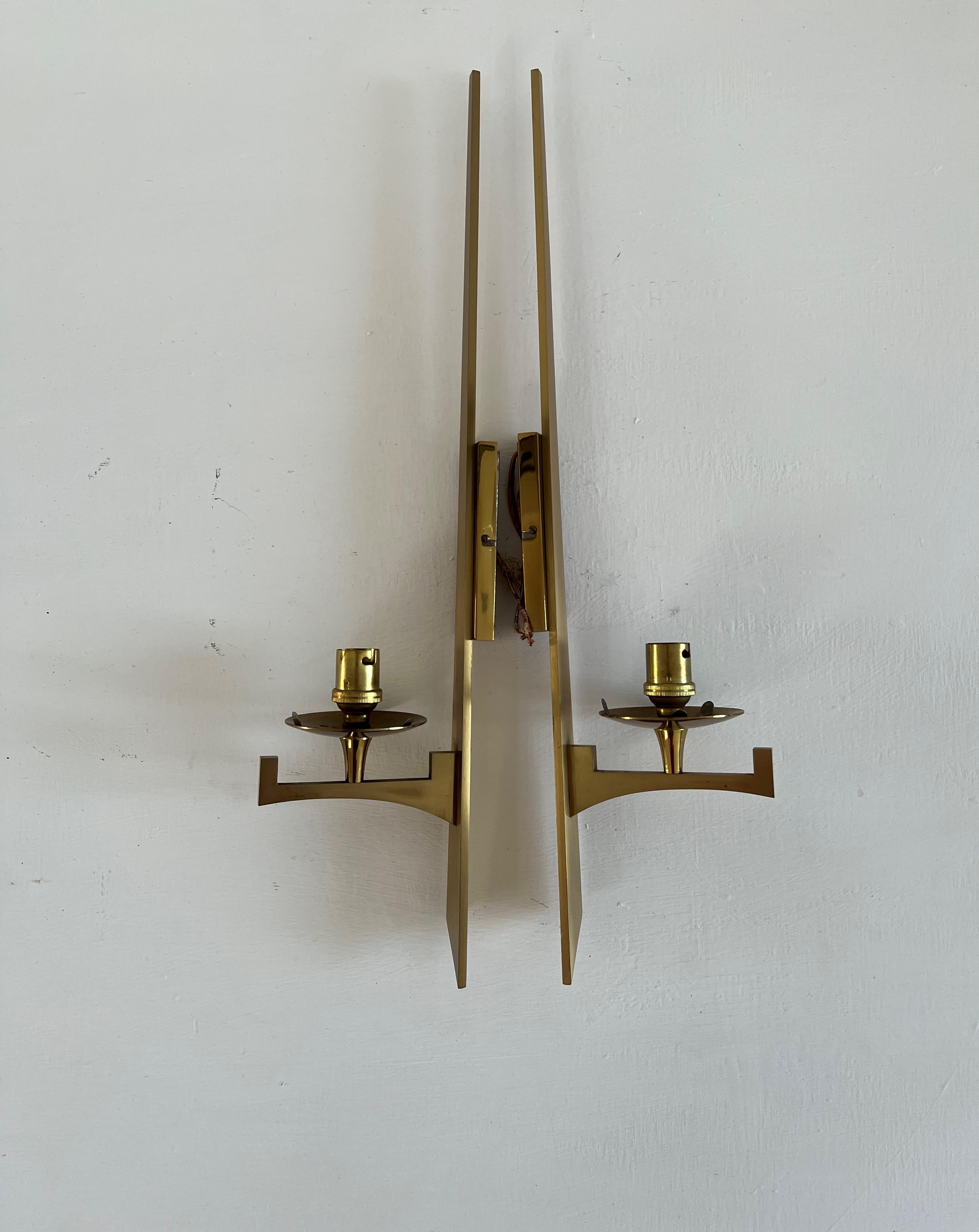Polished Modernist Sconces Attr to Maison Arlus in Brass and Opaline Glass, France, 1950s