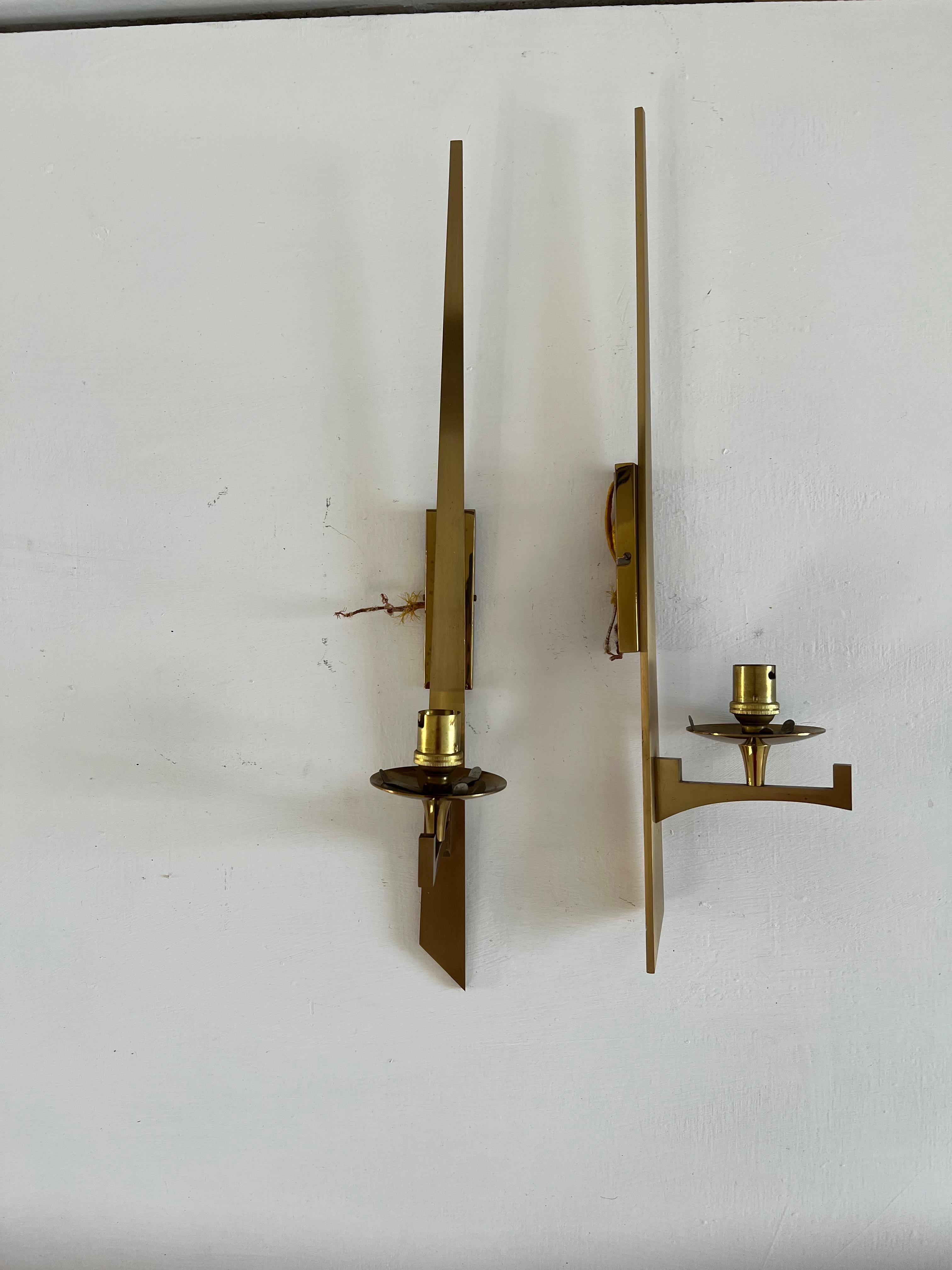 Modernist Sconces Attr to Maison Arlus in Brass and Opaline Glass, France, 1950s In Good Condition In Merida, Yucatan
