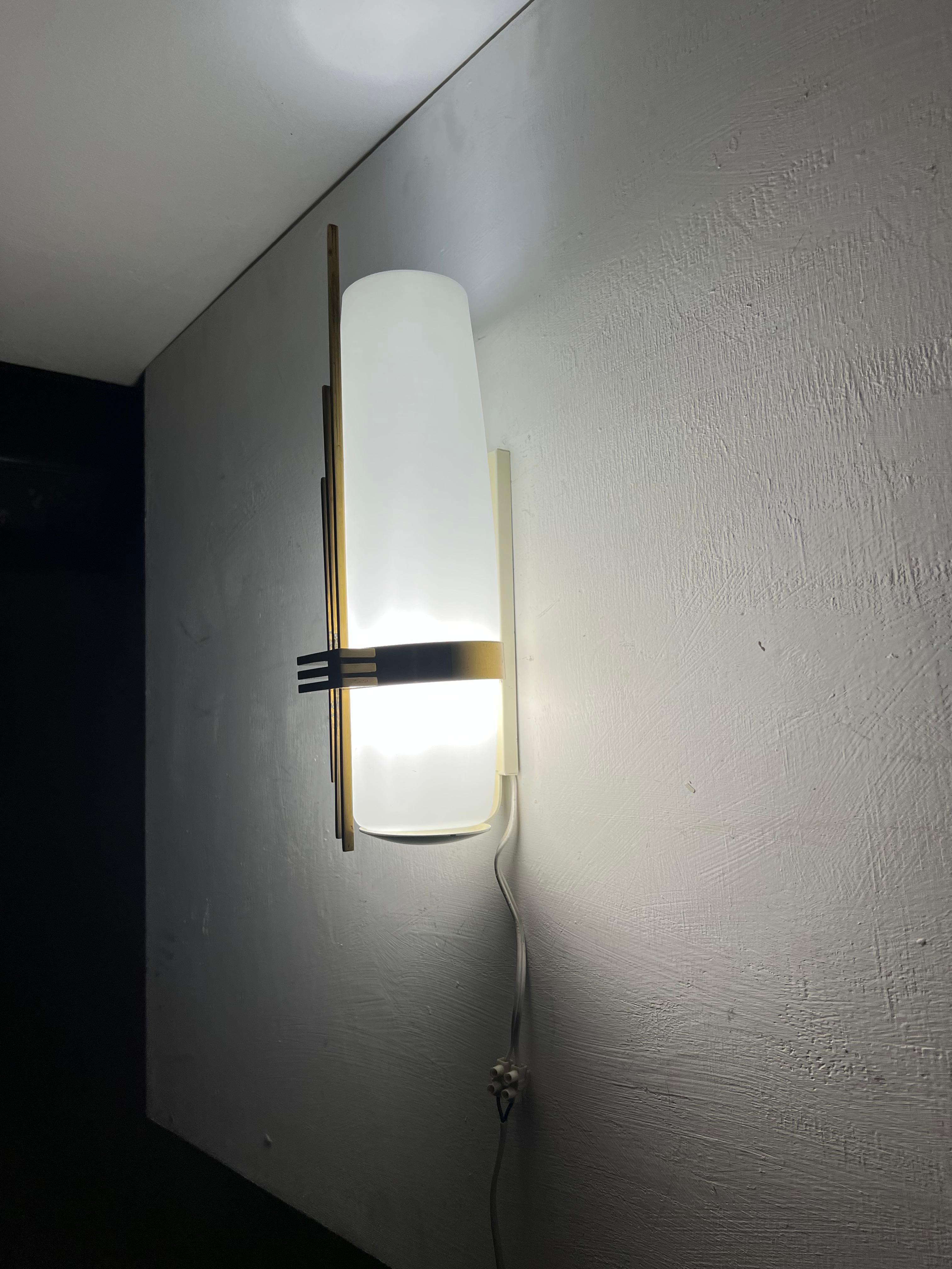 Mid-20th Century Modernist Sconce Attr Maison Arlus in Brass and Opaline Glass, France, 1950s For Sale
