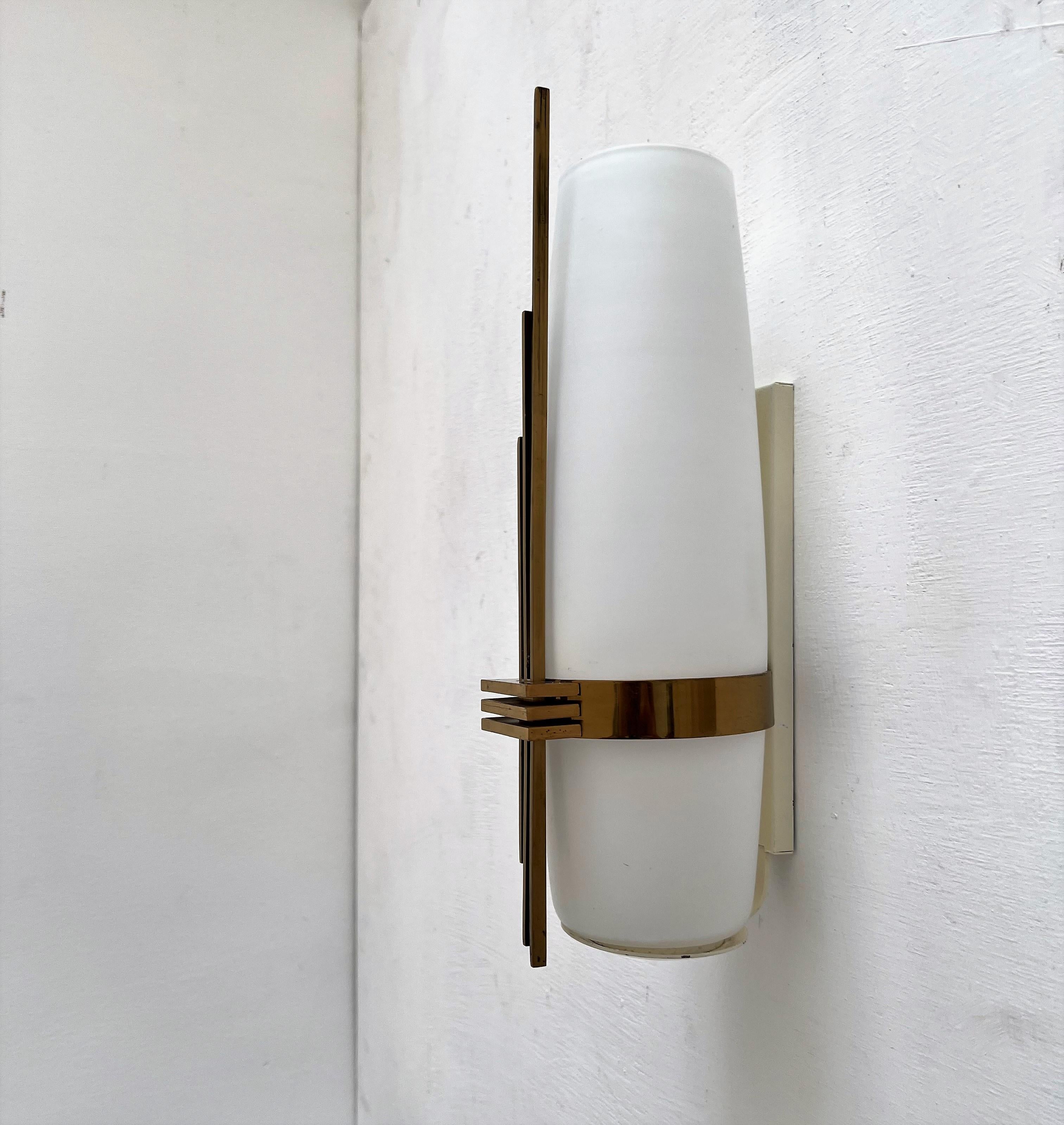 Modernist Sconce Attr Maison Arlus in Brass and Opaline Glass, France, 1950s For Sale 1