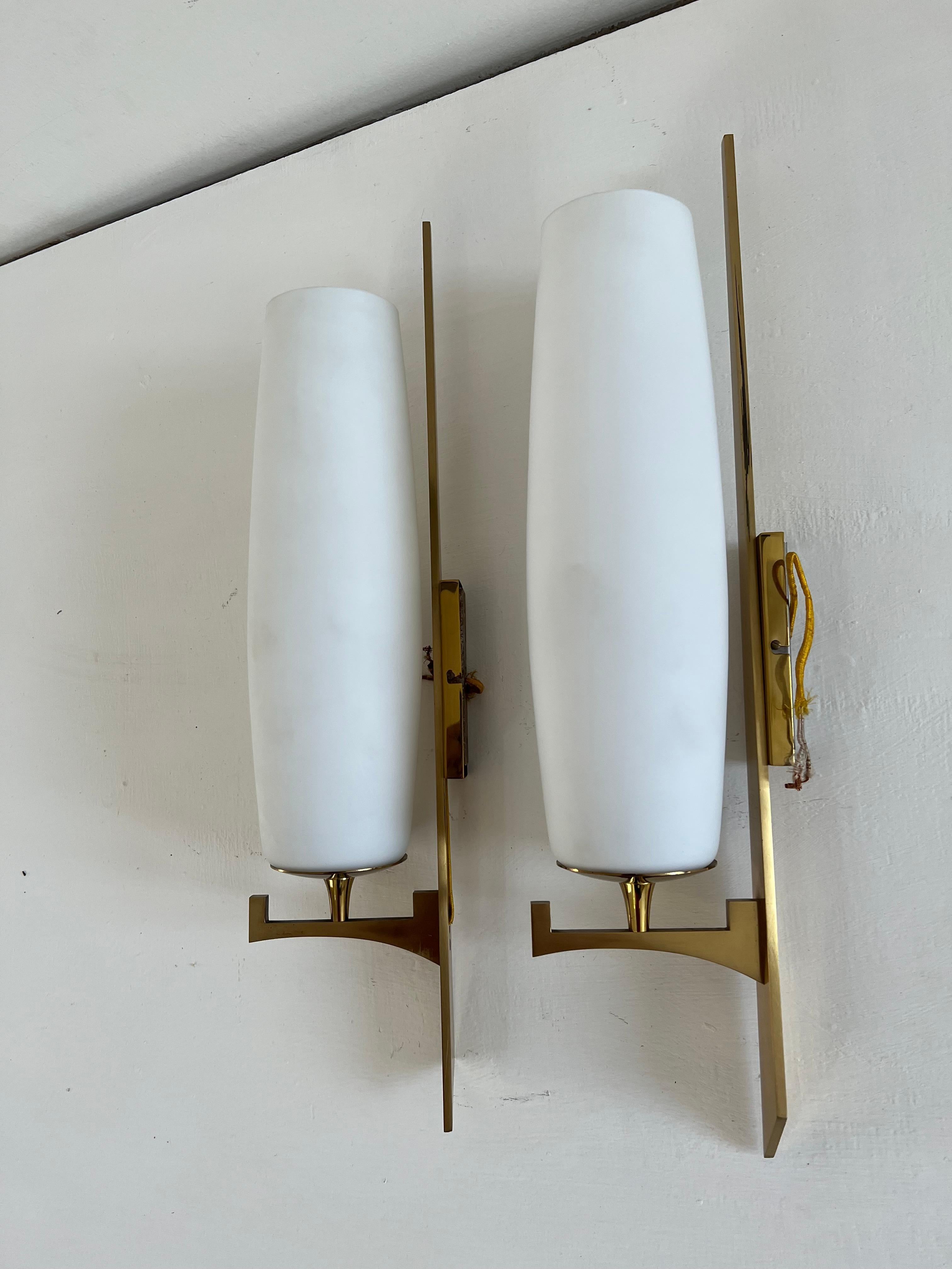 Modernist Sconces Attr to Maison Arlus in Brass and Opaline Glass, France, 1950s 1