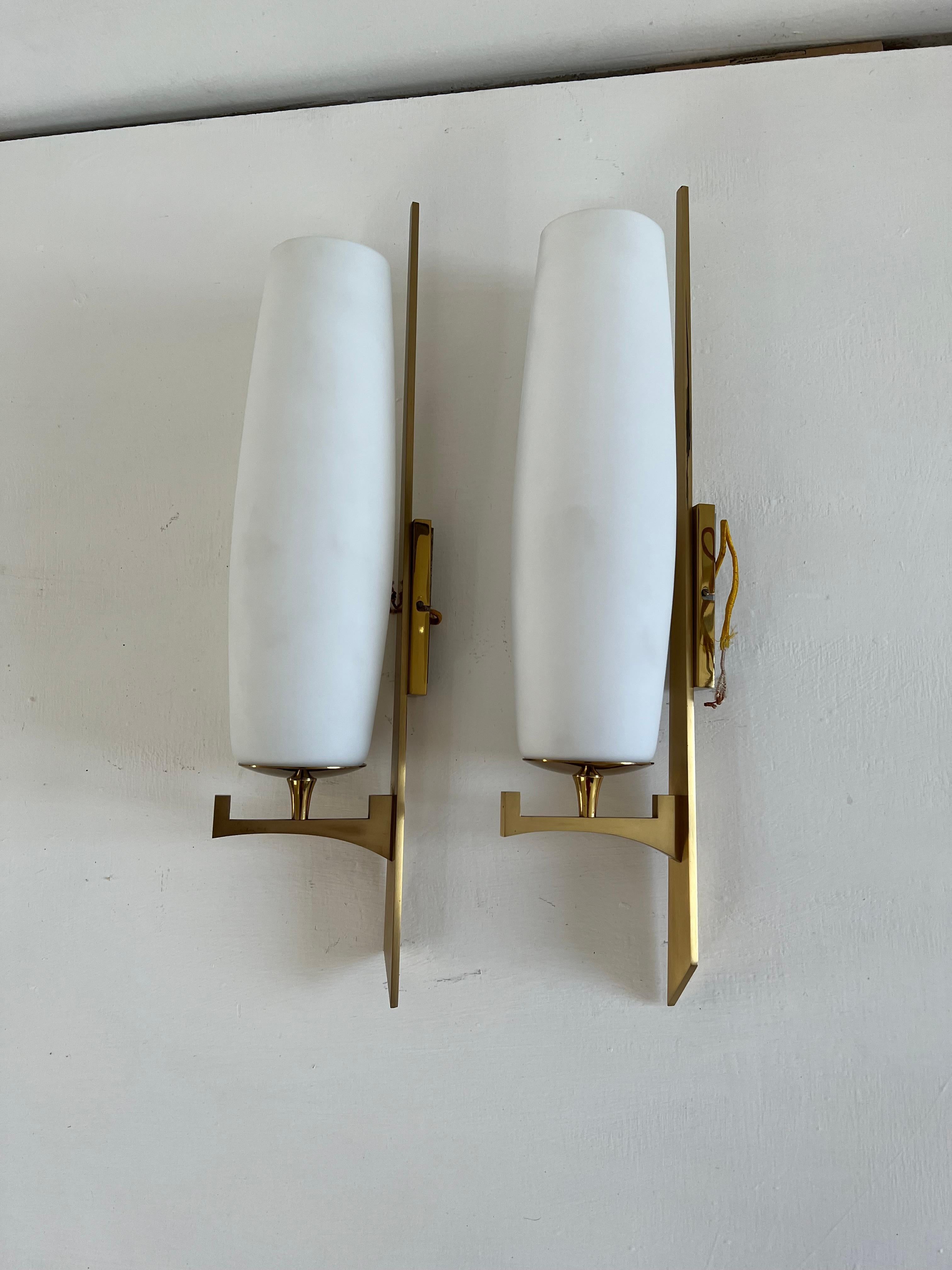 Modernist Sconces Attr to Maison Arlus in Brass and Opaline Glass, France, 1950s 2