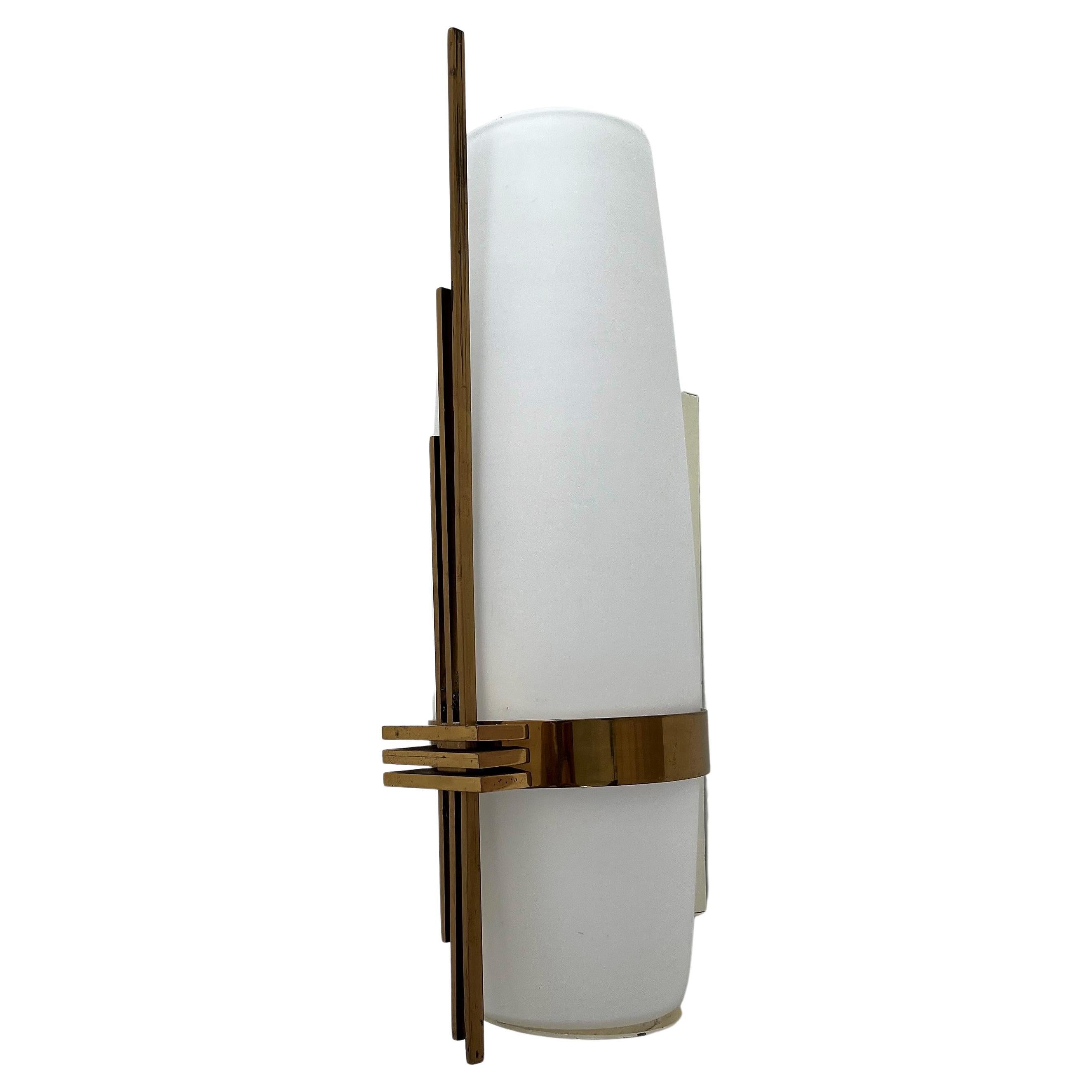 Modernist Sconce Attr Maison Arlus in Brass and Opaline Glass, France, 1950s