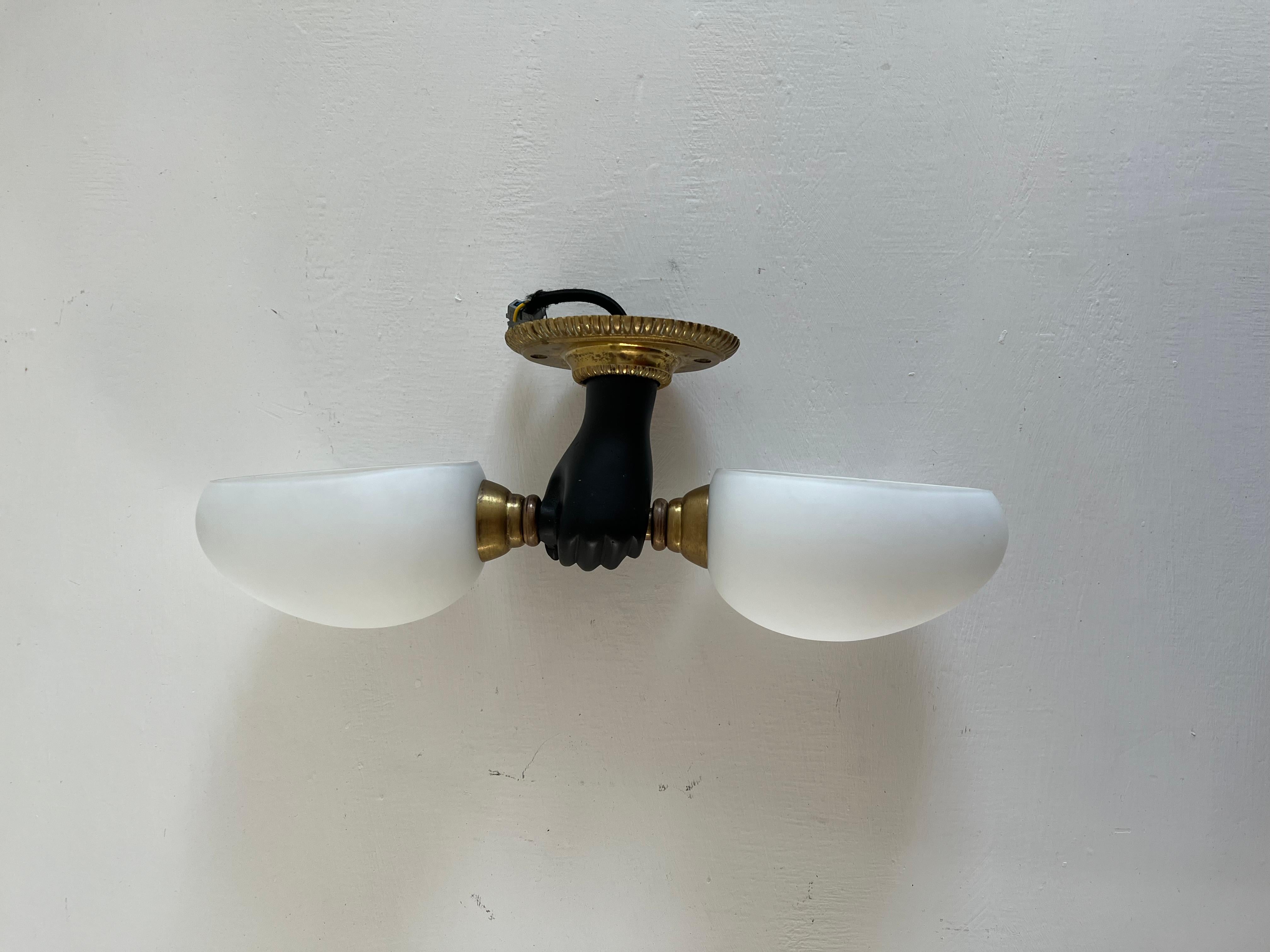 Mid-Century Modern Modernist Sconce by Maison Arlus in Gilt Bronze and Opaline Glass, France For Sale