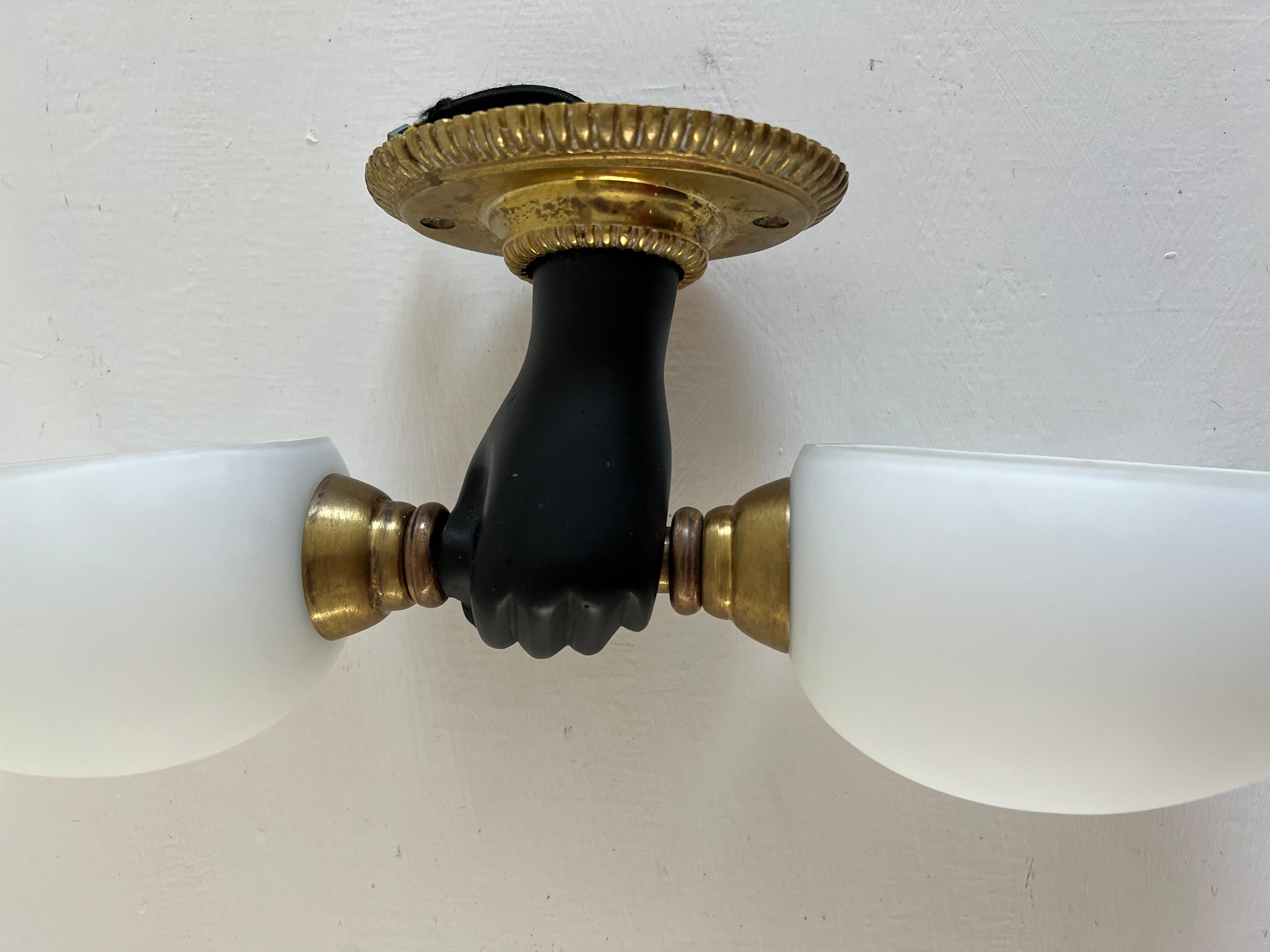 French Modernist Sconce by Maison Arlus in Gilt Bronze and Opaline Glass, France For Sale