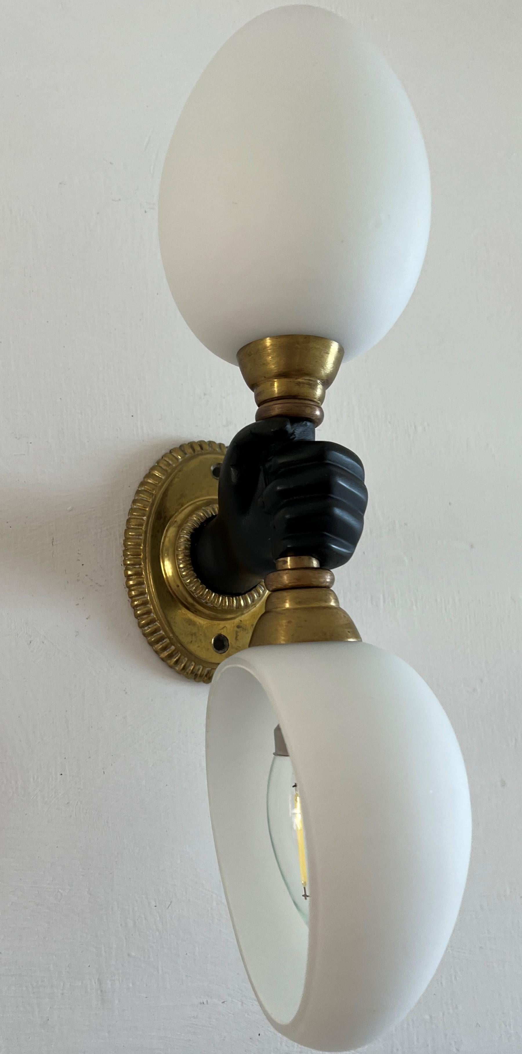 Mid-20th Century Modernist Sconce by Maison Arlus in Gilt Bronze and Opaline Glass, France For Sale