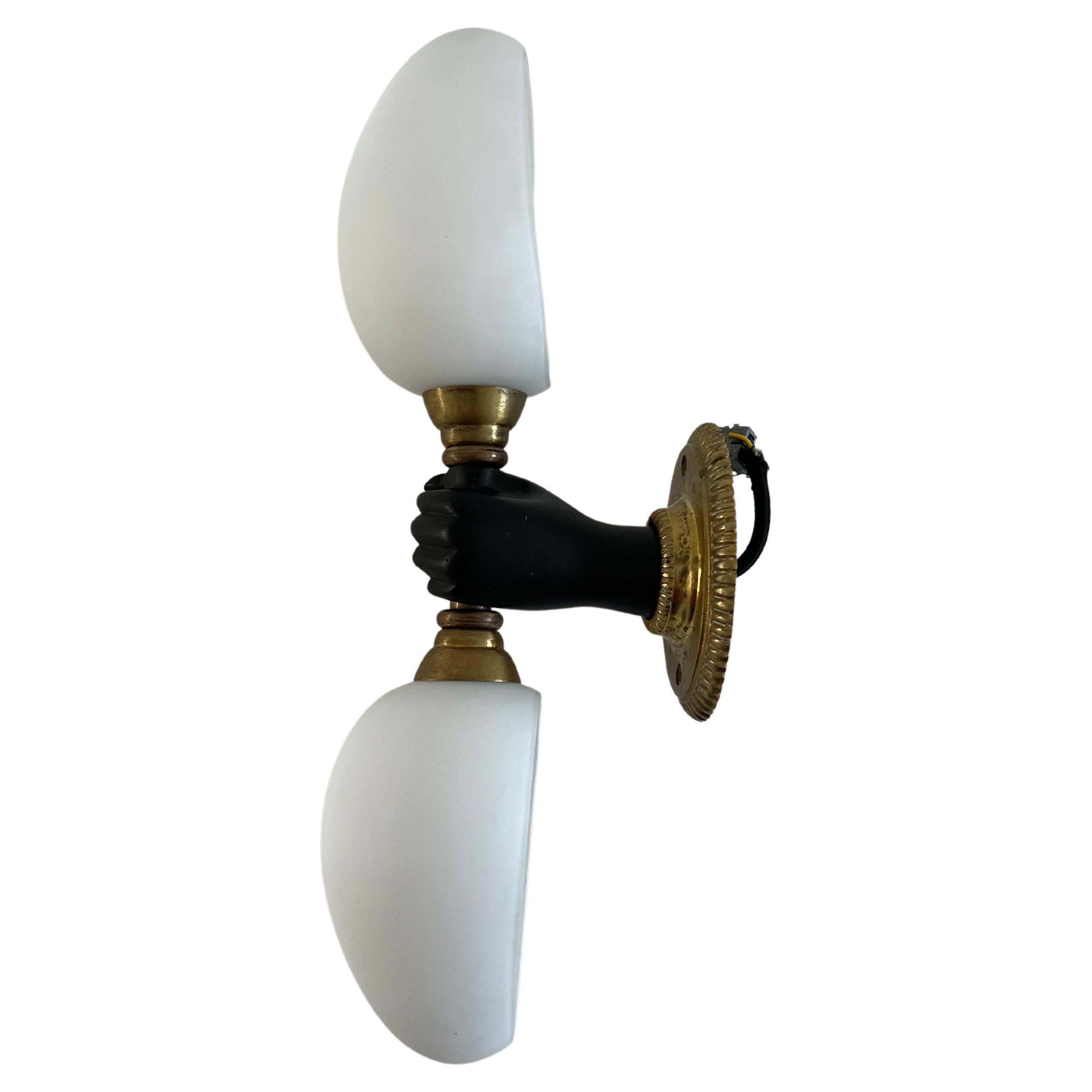 Modernist Sconce by Maison Arlus in Gilt Bronze and Opaline Glass, France For Sale