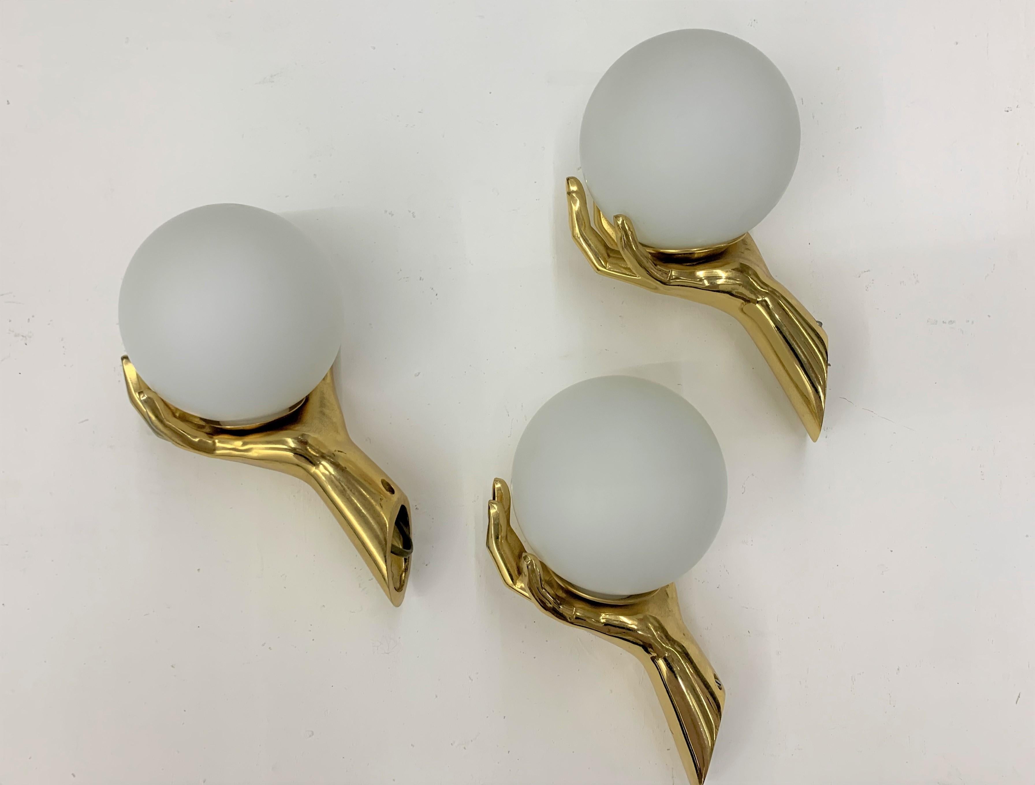 Modernist Sconces by Maison Arlus in Gilt Bronze and Opaline Glass, France 5